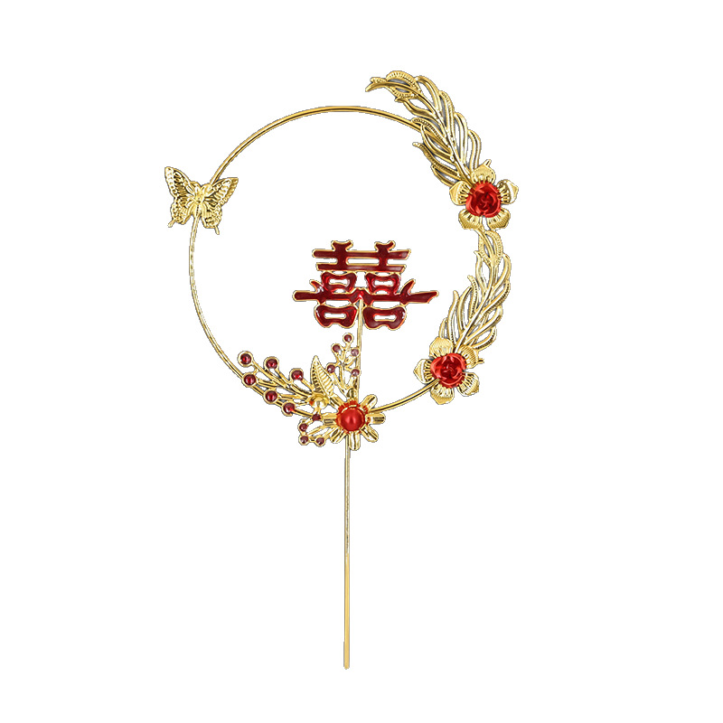 铁艺凤凰蛋糕装饰插件复古凤钗石榴喜孔雀珍珠喜庆结婚生日摆件详情5