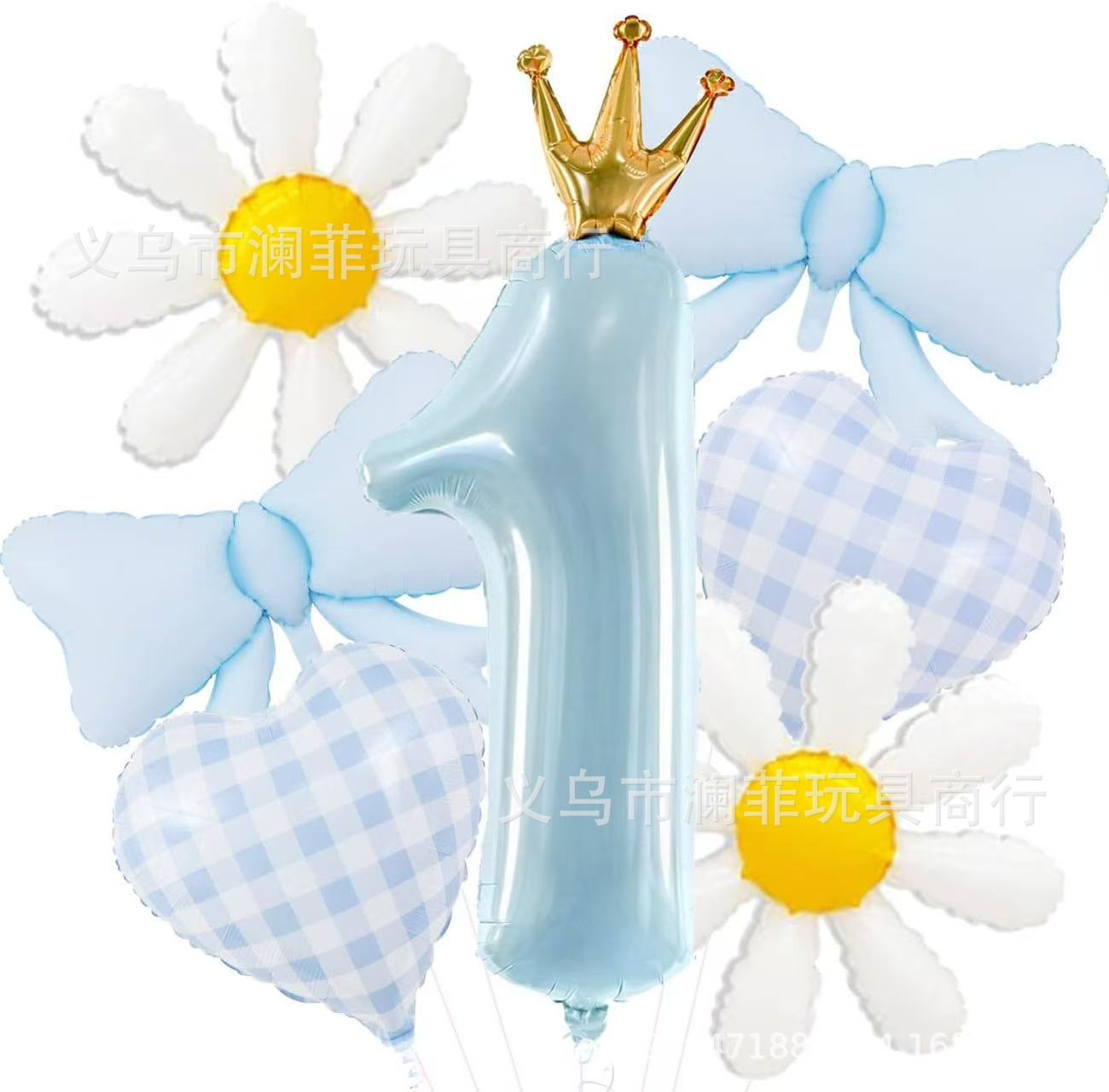 蝴蝶结雏菊皇冠数字1铝膜气球套装婴儿粉蓝7件套宝宝生日派对装饰详情3