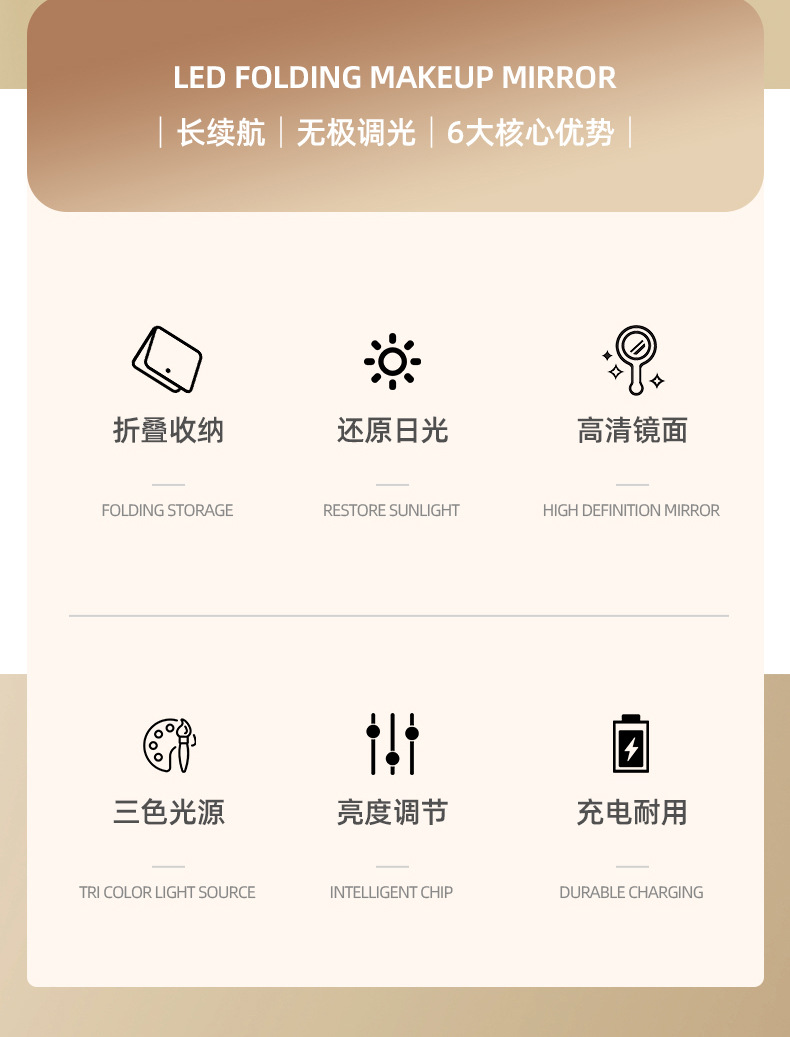 LED女生化妆镜折叠便携带灯梳妆镜台式宿舍桌面办公室宿舍美妆镜详情2