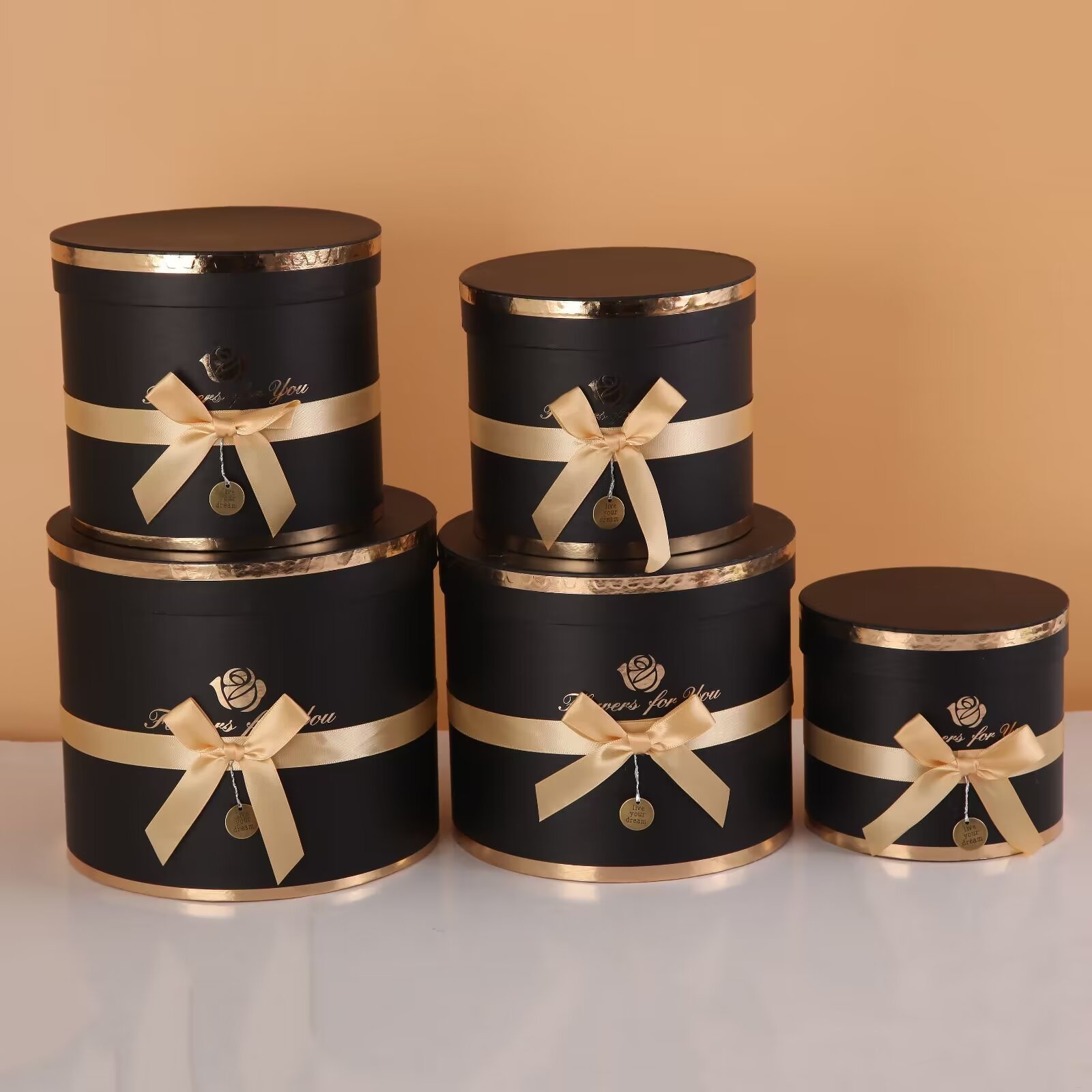 Round everlasting flower hug bucket gift box, bow with gold embossed birthday cake box, five-piece set packaging box and storage box pic 15