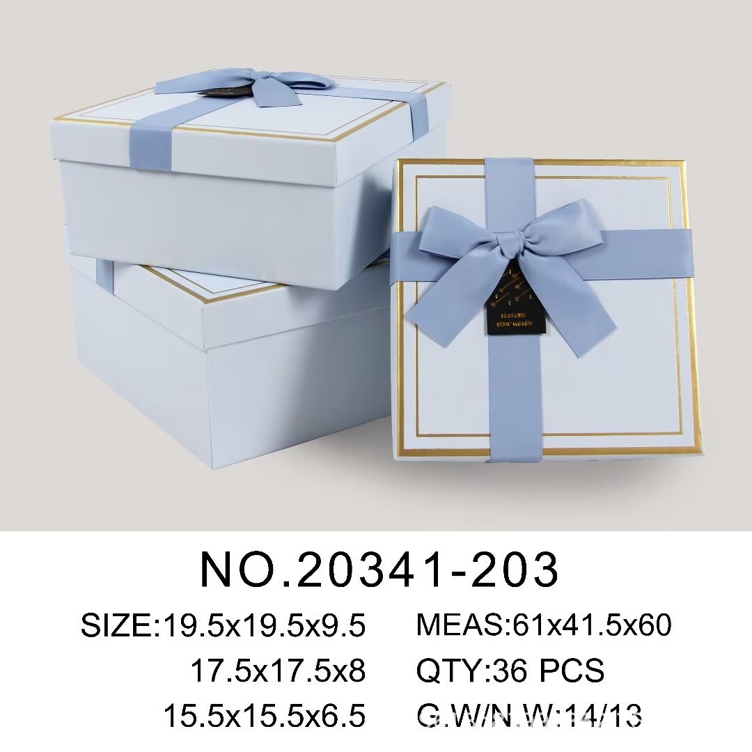 White square gift box, light blue ribbon, golden border, souvenir gift box packaging box pic 2