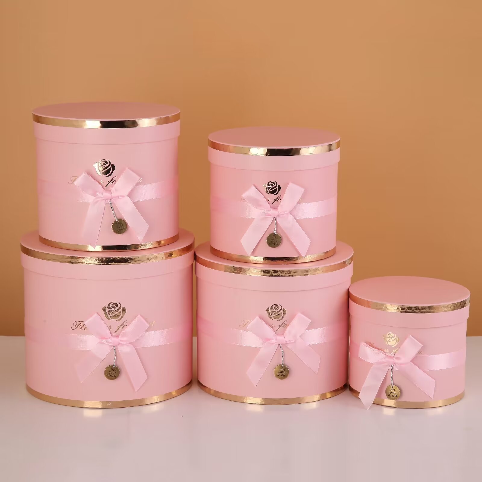 Round everlasting flower hug bucket gift box, bow with gold embossed birthday cake box, five-piece set packaging box and storage box pic 14