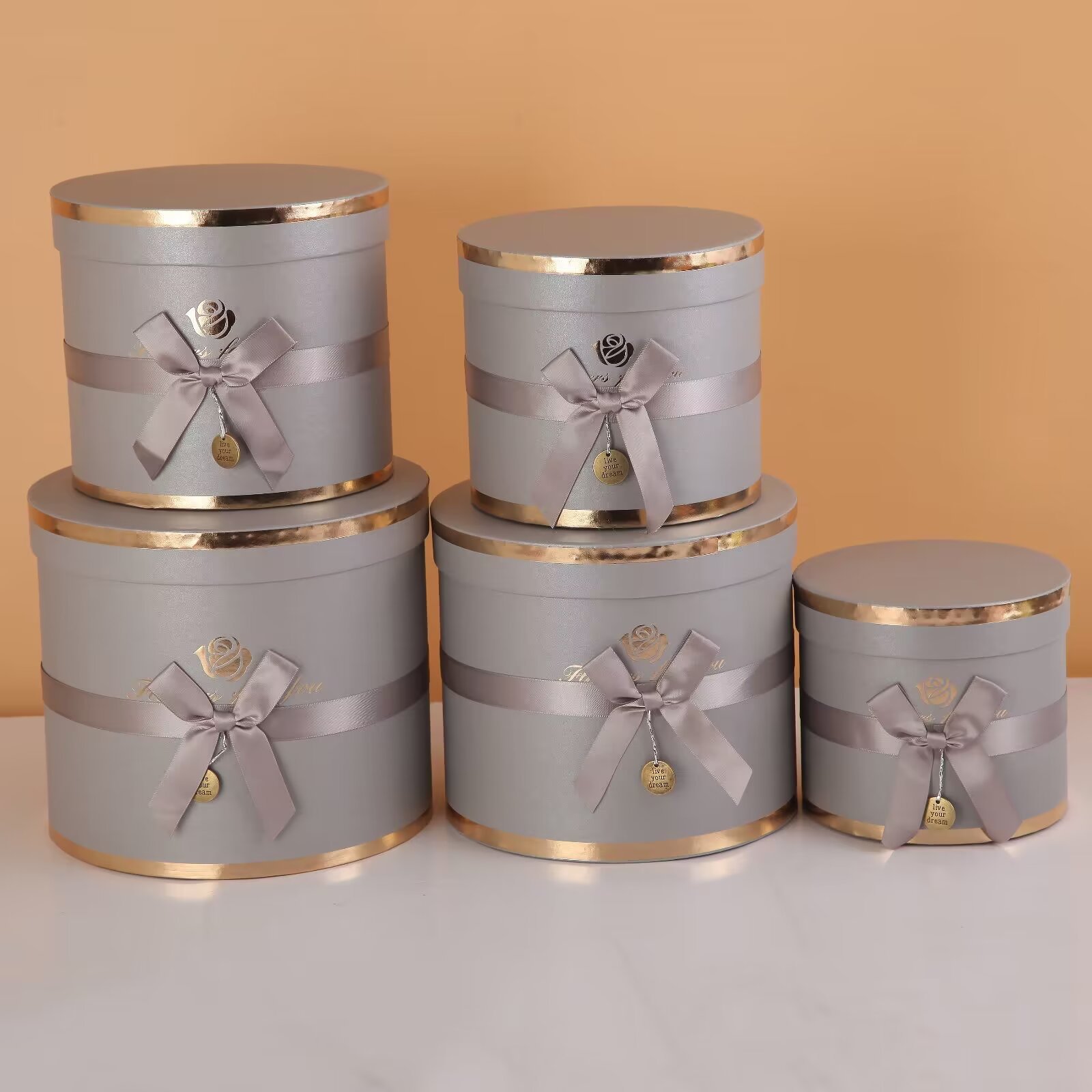 Round everlasting flower hug bucket gift box, bow with gold embossed birthday cake box, five-piece set packaging box and storage box pic 17
