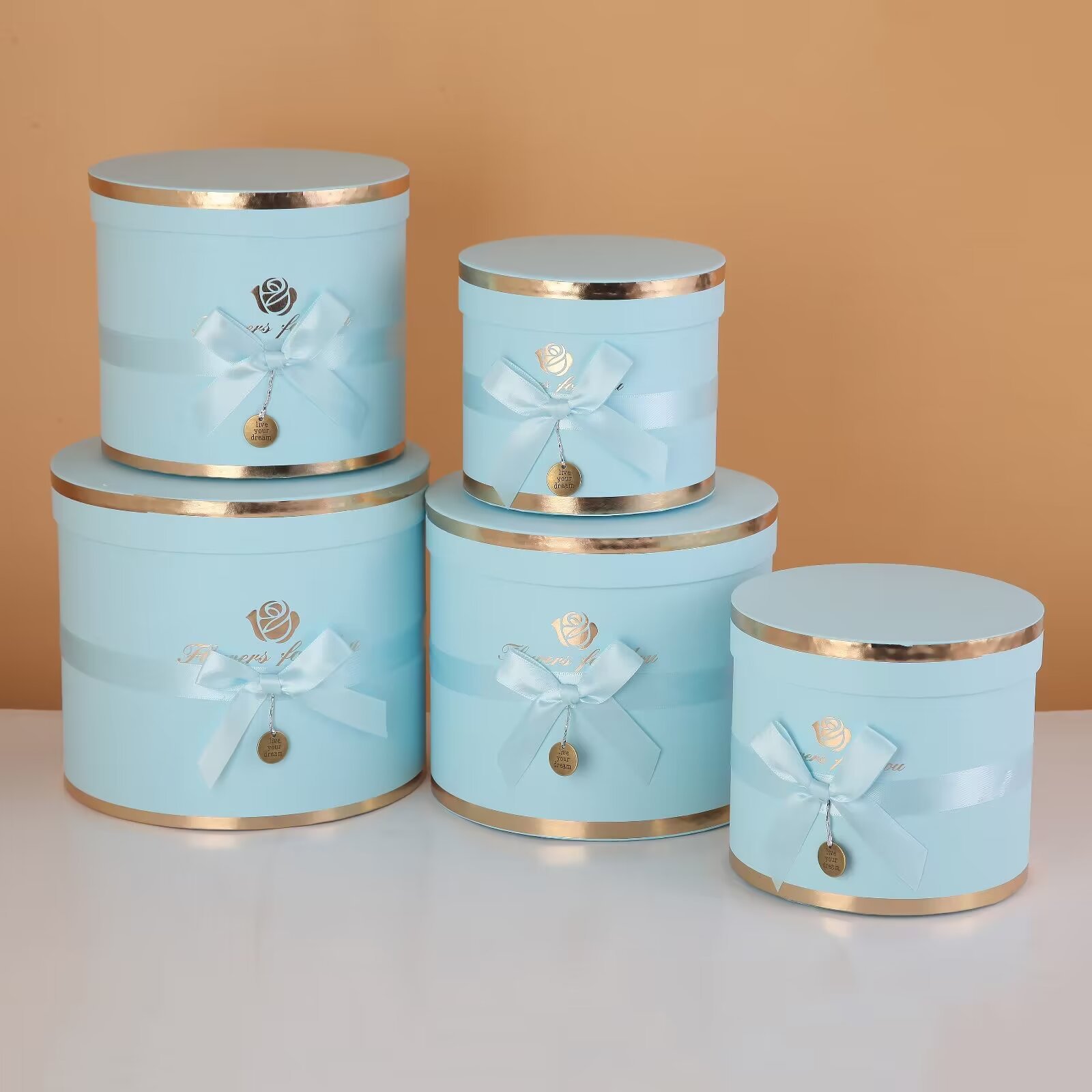 Round everlasting flower hug bucket gift box, bow with gold embossed birthday cake box, five-piece set packaging box and storage box pic 19