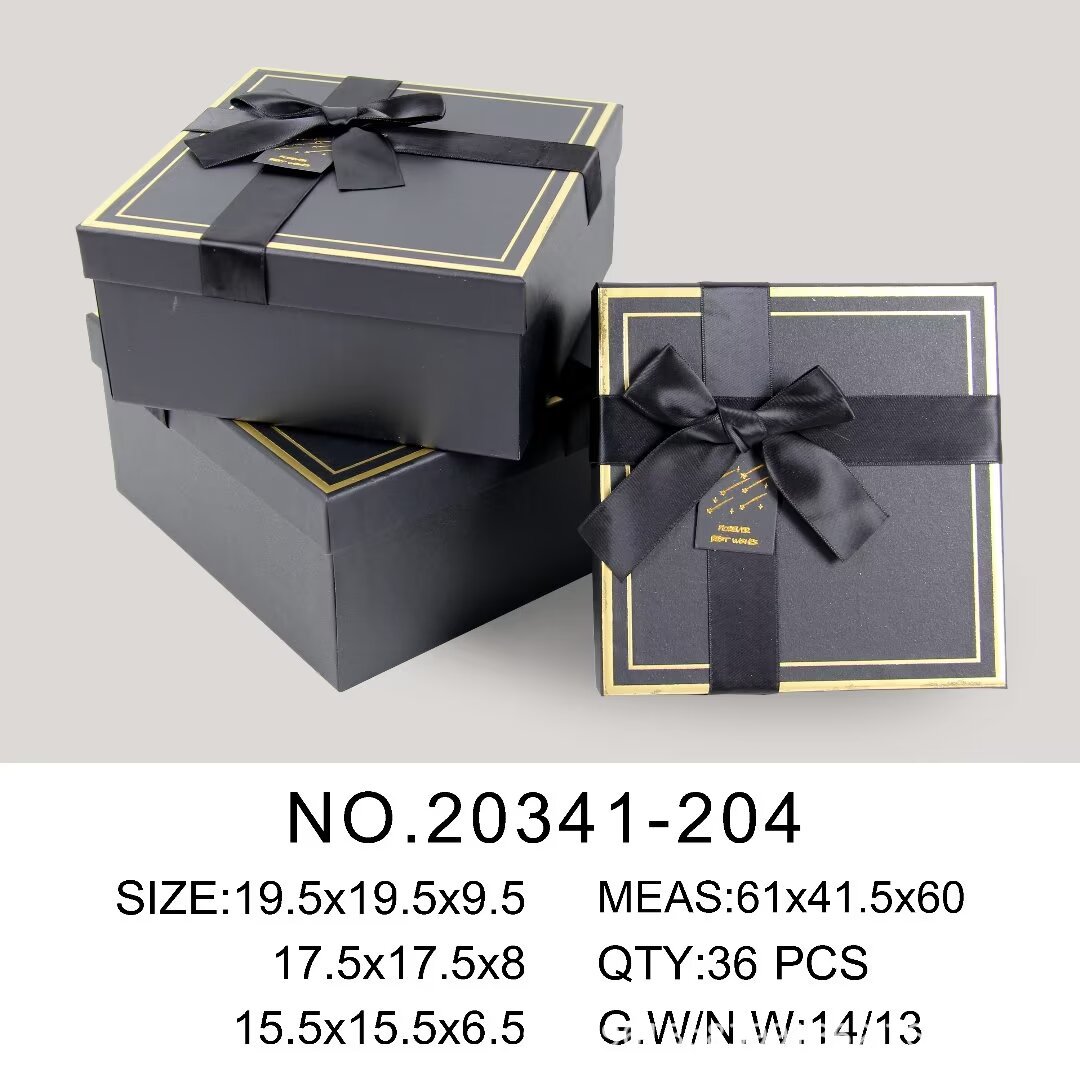 White square gift box, light blue ribbon, golden border, souvenir gift box packaging box pic 1