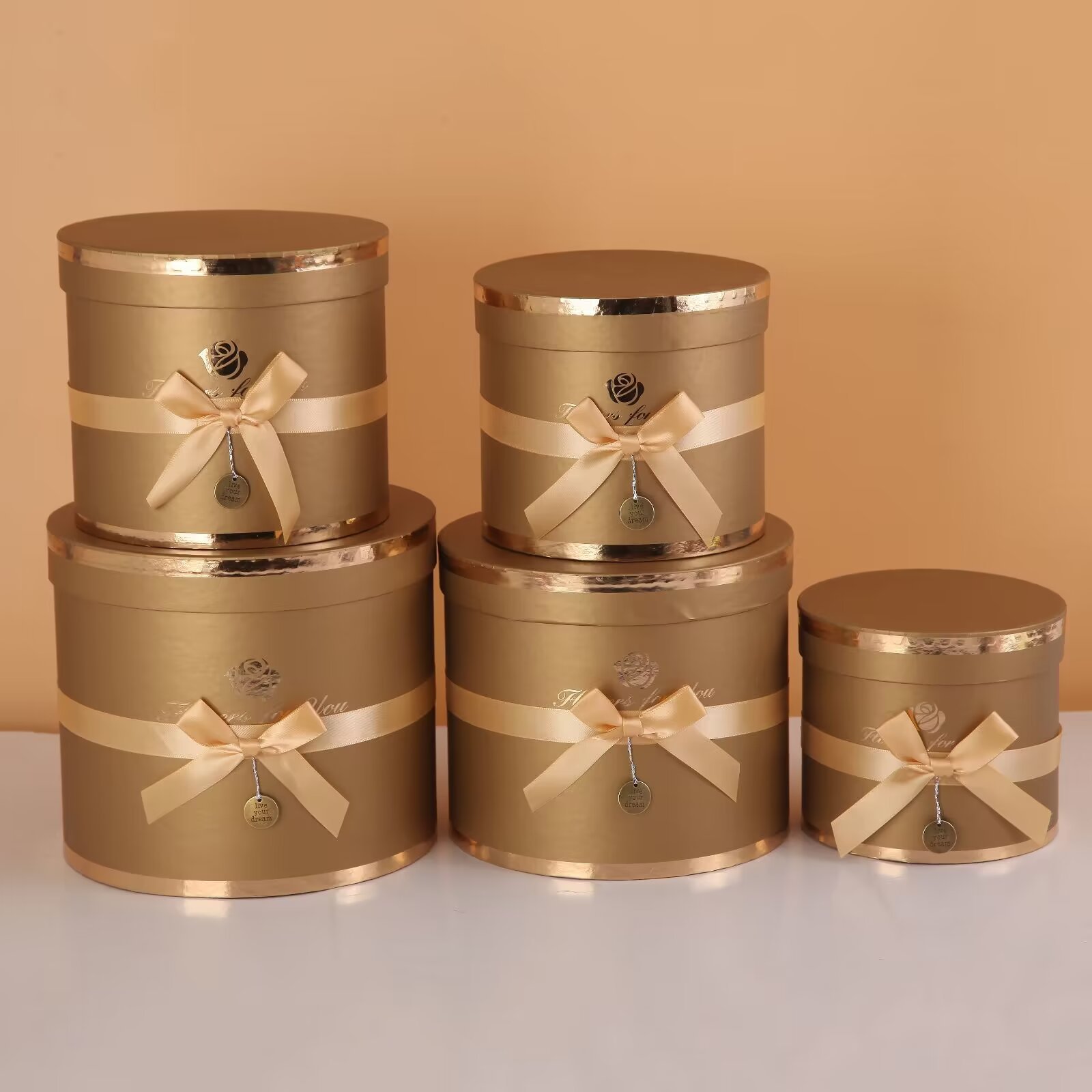 Round everlasting flower hug bucket gift box, bow with gold embossed birthday cake box, five-piece set packaging box and storage box pic 18