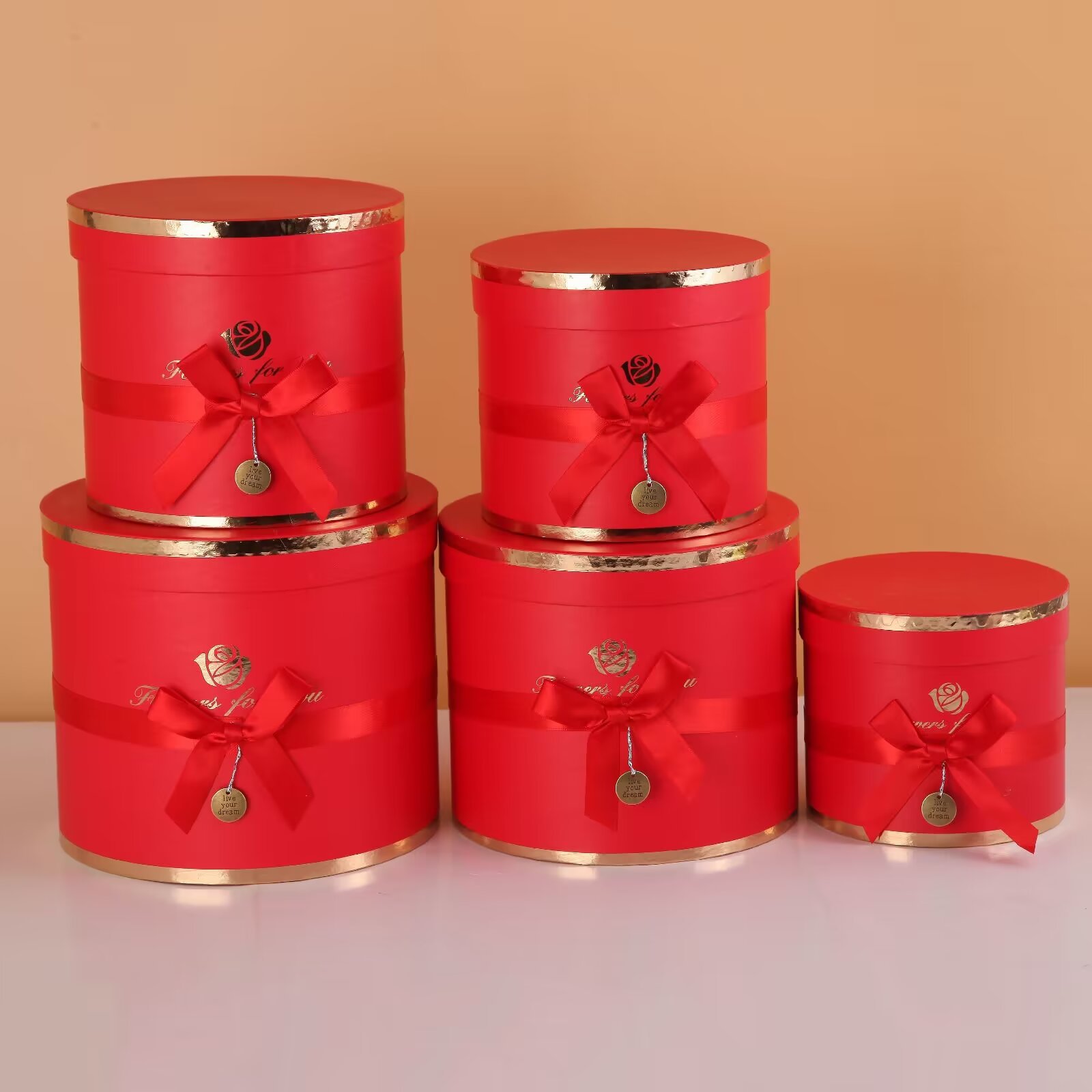 Round everlasting flower hug bucket gift box, bow with gold embossed birthday cake box, five-piece set packaging box and storage box pic 16