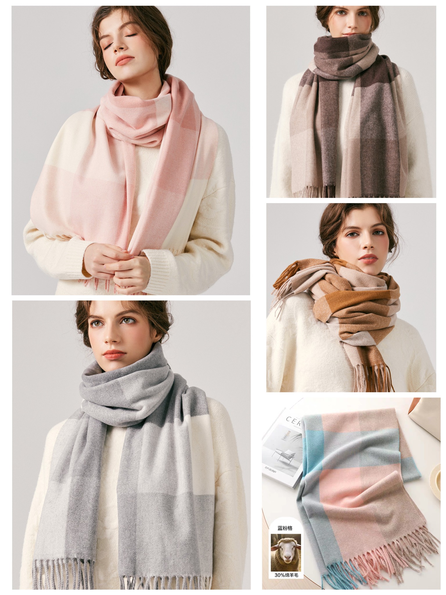 Wholesale of cross-border scarves in stock, e-commerce live streaming, supply chain, 96 wool series, color-blocked wool square grid pic 5