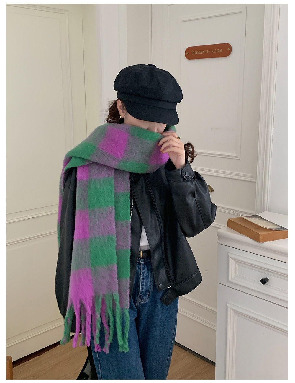 Cross-border scarf wholesale, e-commerce live streaming, supply chain, tattooed purple-green checkered thick whiskers pic 5