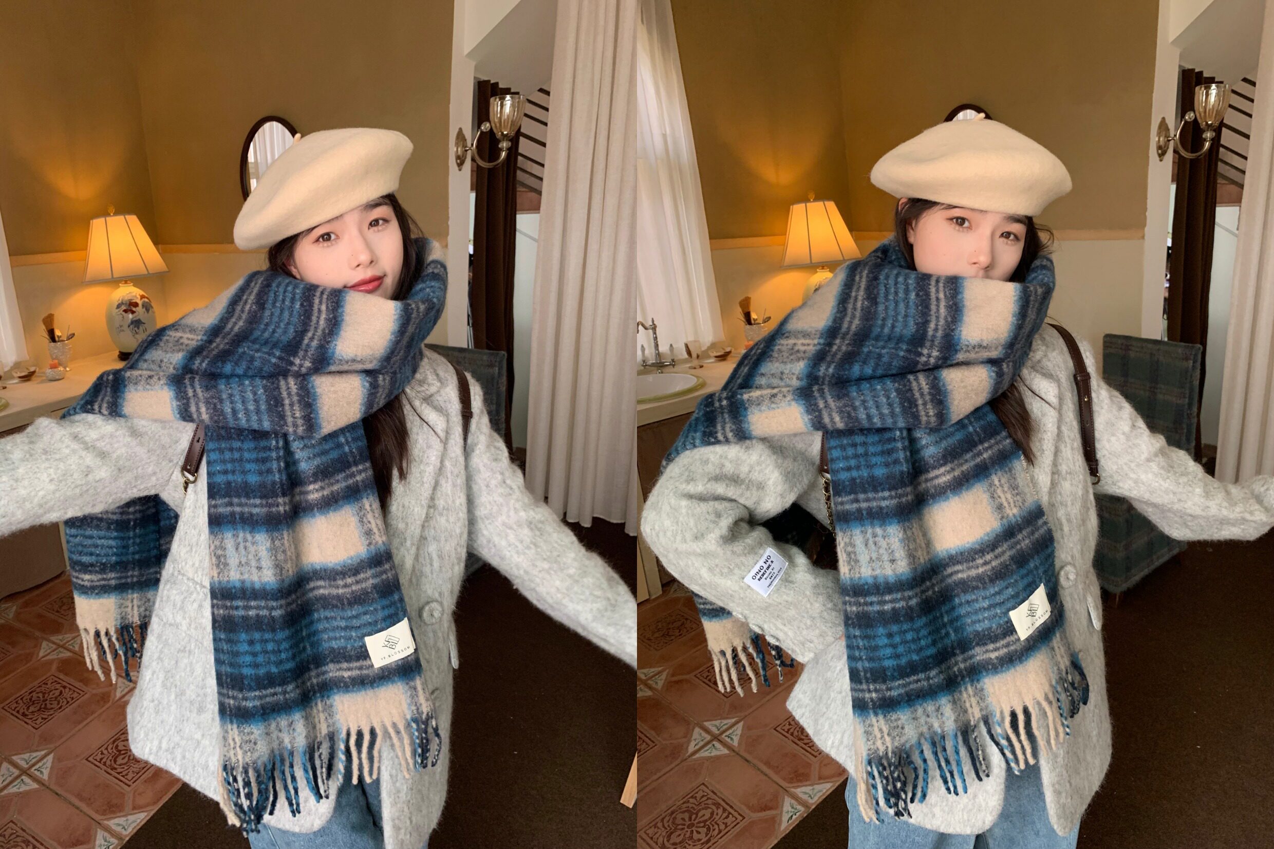 The 2024 new Maillard high-end checkered scarf for women, a Korean-style shawl for both winter and spring and autumn, is thick and warm pic 1