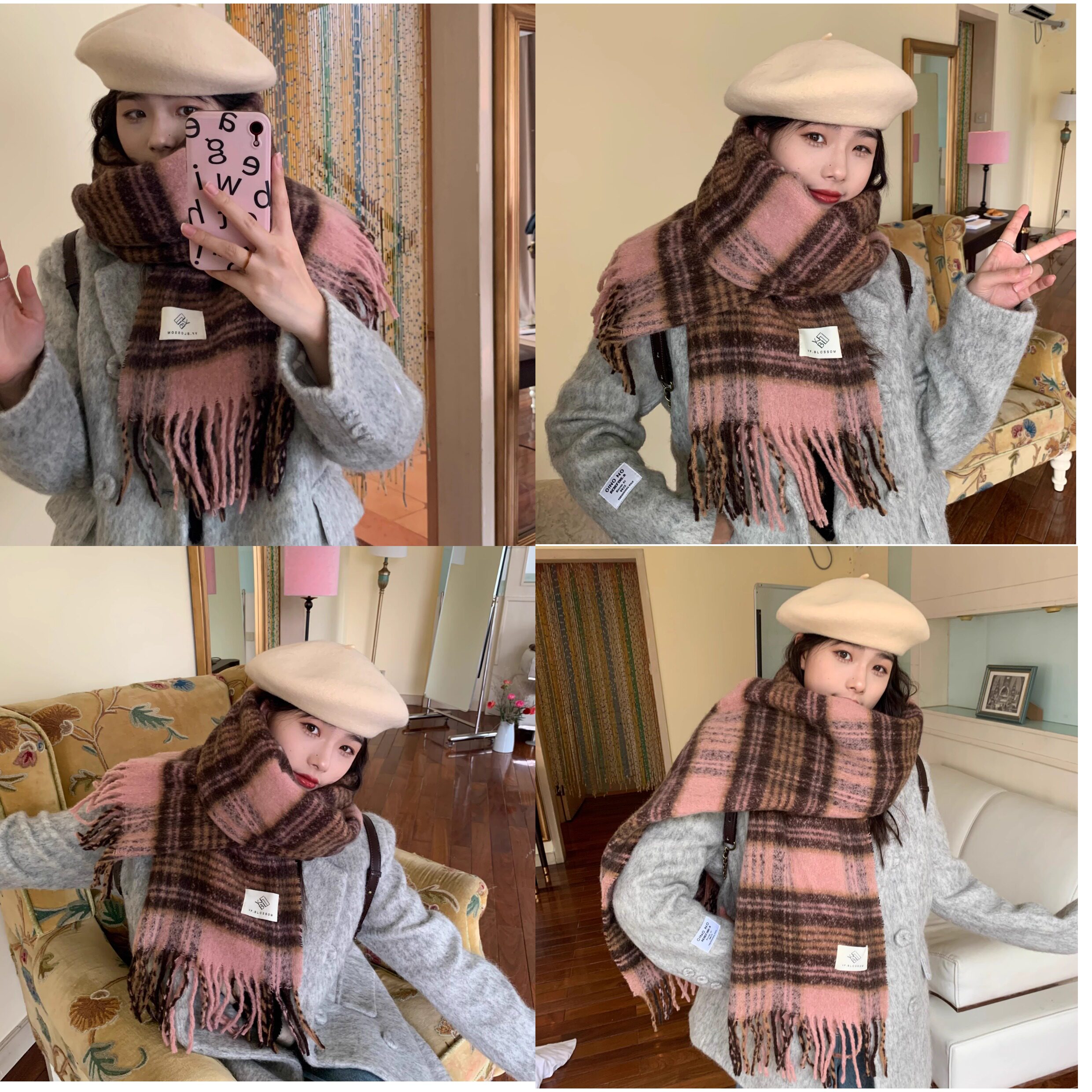 The 2024 new Maillard high-end checkered scarf for women, a Korean-style shawl for both winter and spring and autumn, is thick and warm pic 4