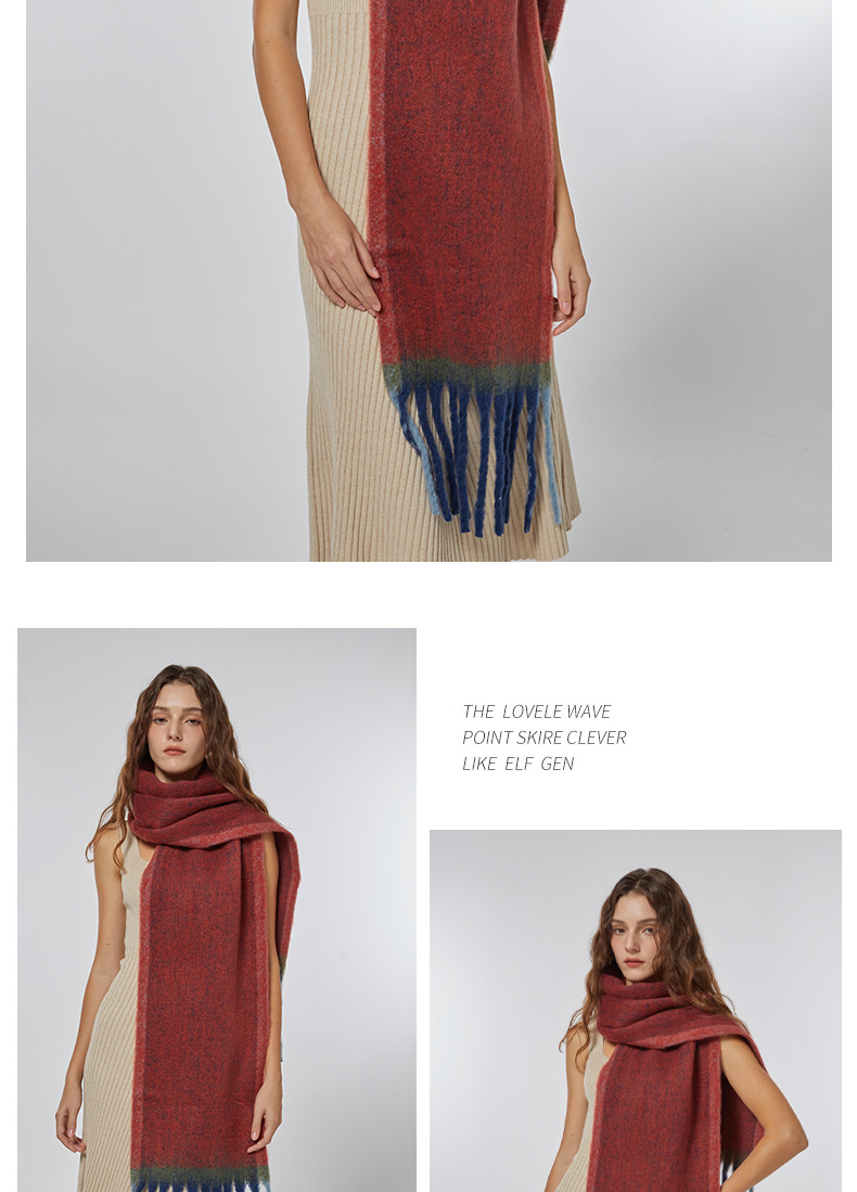 A simple frame in solid color, paired with a warm faux cashmere scarf, a soft and fluffy pink scarf for winter, and a cold-proof shawl pic 4