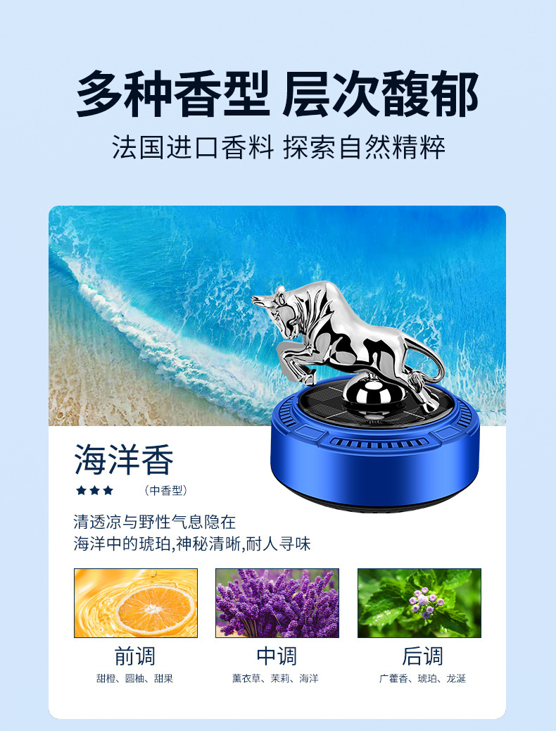 车载太阳能香薰匀速慢转牛气冲天车内持久留香摆件汽车香水跨境详情12