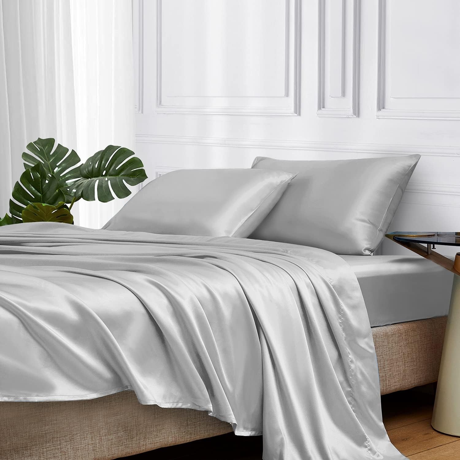 European and American cross-border colored satin three-piece and four-piece sets, silk-like bed sheets, bedspreads, pillowcases and bedding pic 18