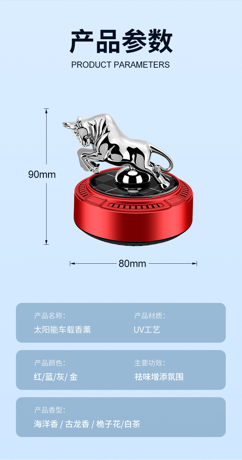 车载太阳能香薰匀速慢转牛气冲天车内持久留香摆件汽车香水跨境详情16