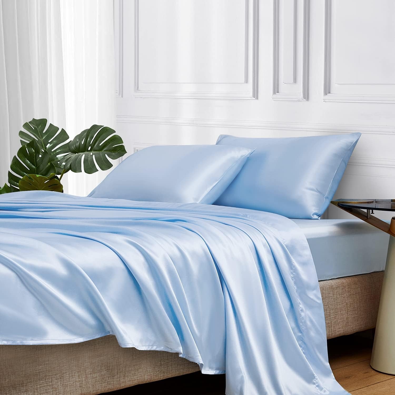 European and American cross-border colored satin three-piece and four-piece sets, silk-like bed sheets, bedspreads, pillowcases and bedding pic 11
