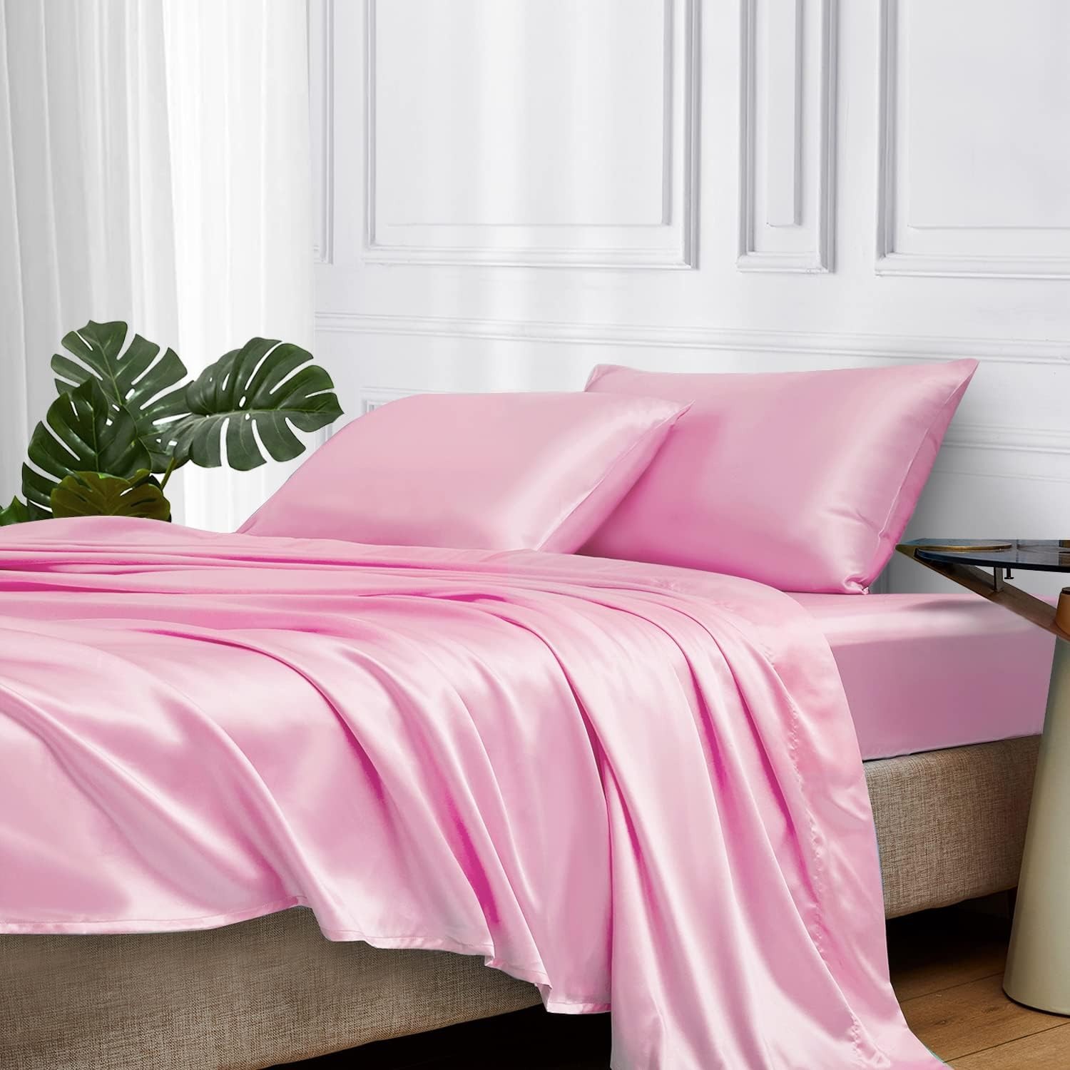 European and American cross-border colored satin three-piece and four-piece sets, silk-like bed sheets, bedspreads, pillowcases and bedding pic 3