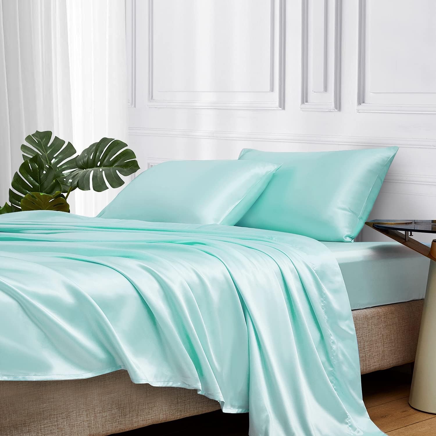 European and American cross-border colored satin three-piece and four-piece sets, silk-like bed sheets, bedspreads, pillowcases and bedding pic 7
