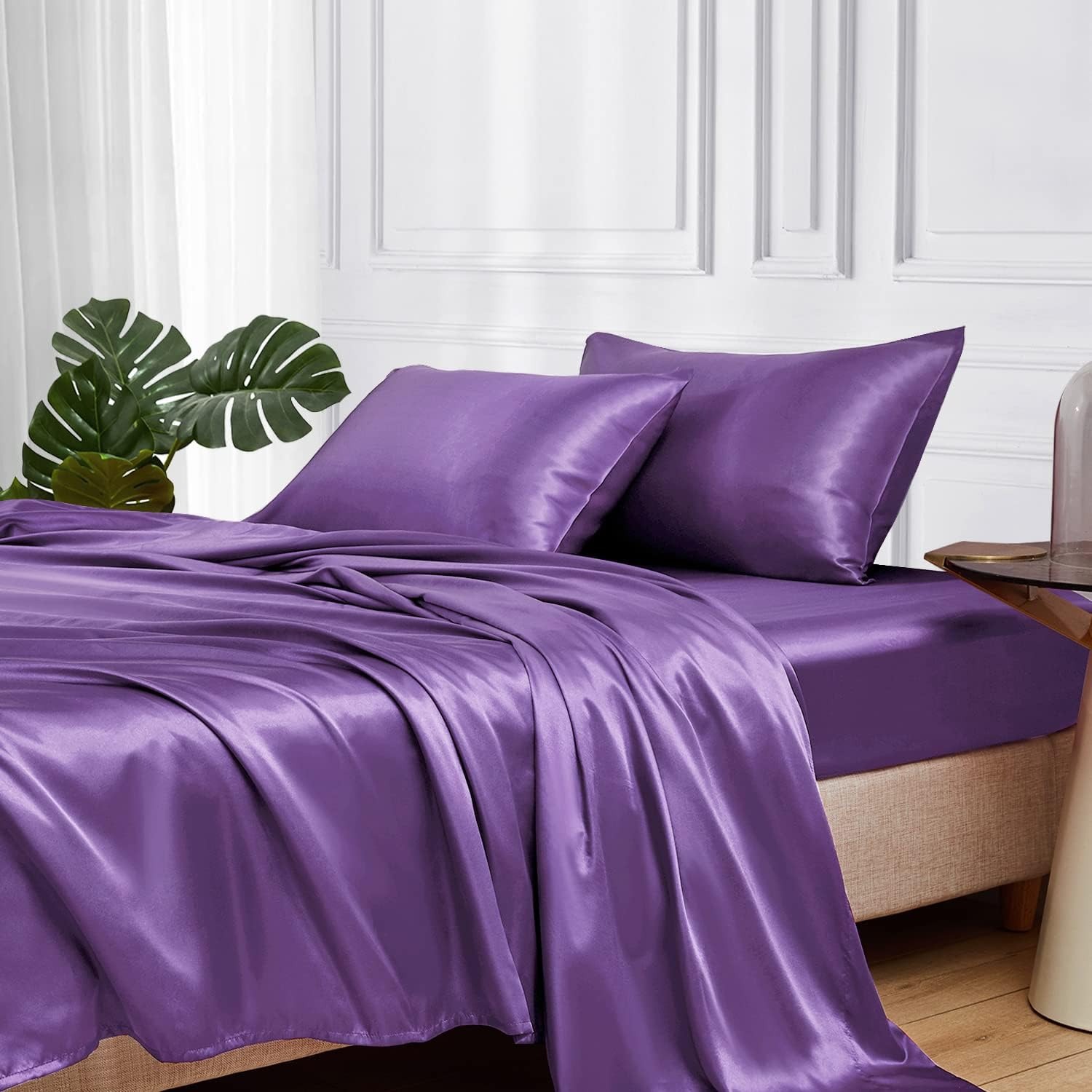 European and American cross-border colored satin three-piece and four-piece sets, silk-like bed sheets, bedspreads, pillowcases and bedding pic 17