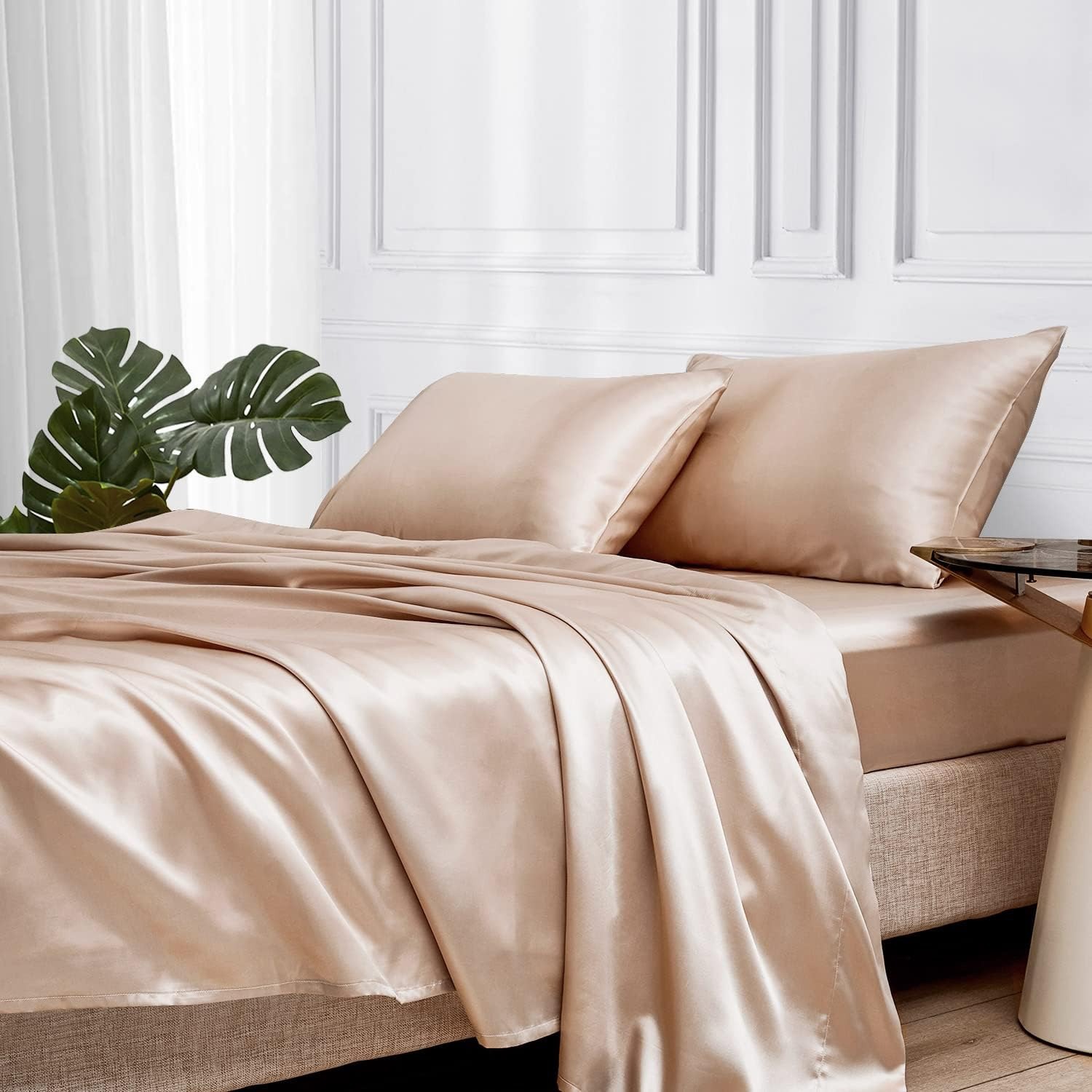 European and American cross-border colored satin three-piece and four-piece sets, silk-like bed sheets, bedspreads, pillowcases and bedding pic 15