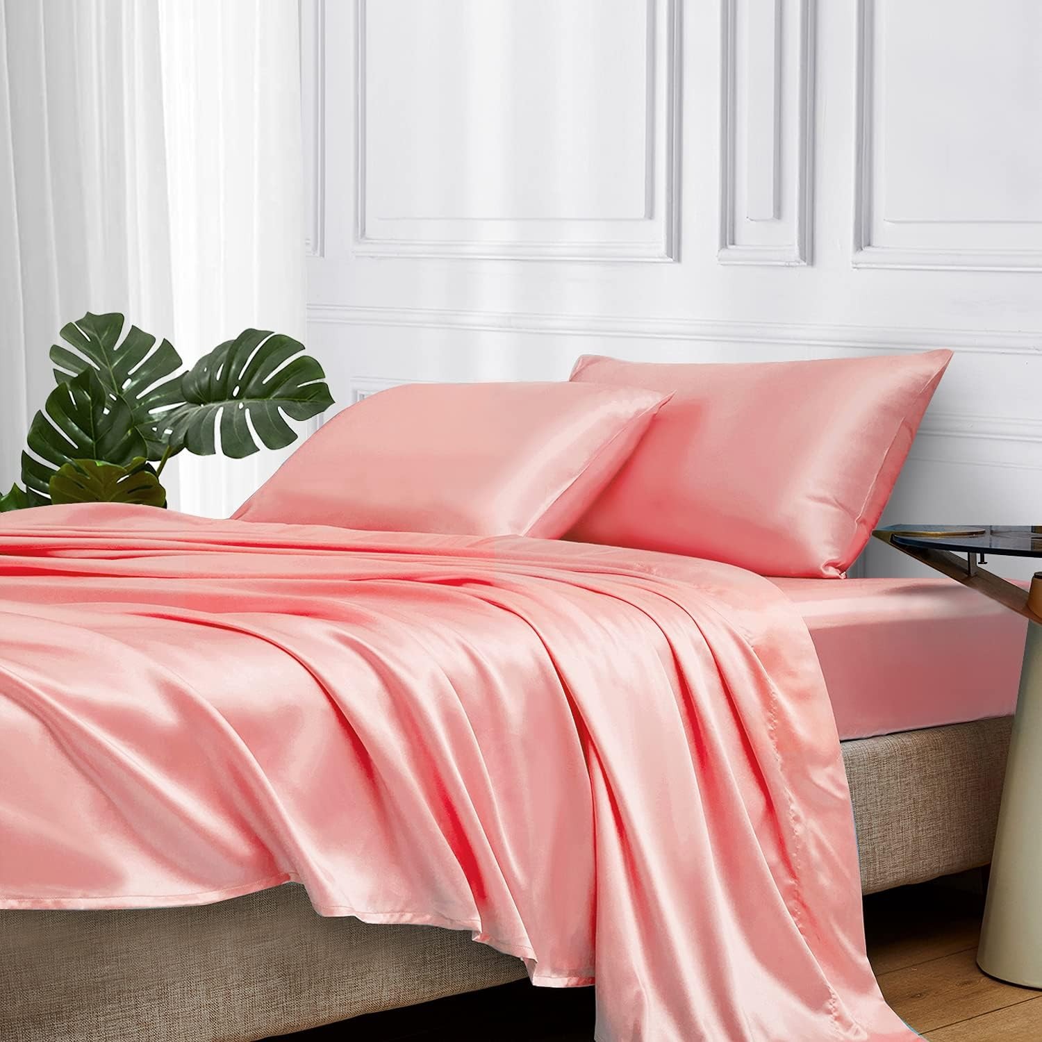European and American cross-border colored satin three-piece and four-piece sets, silk-like bed sheets, bedspreads, pillowcases and bedding pic 12
