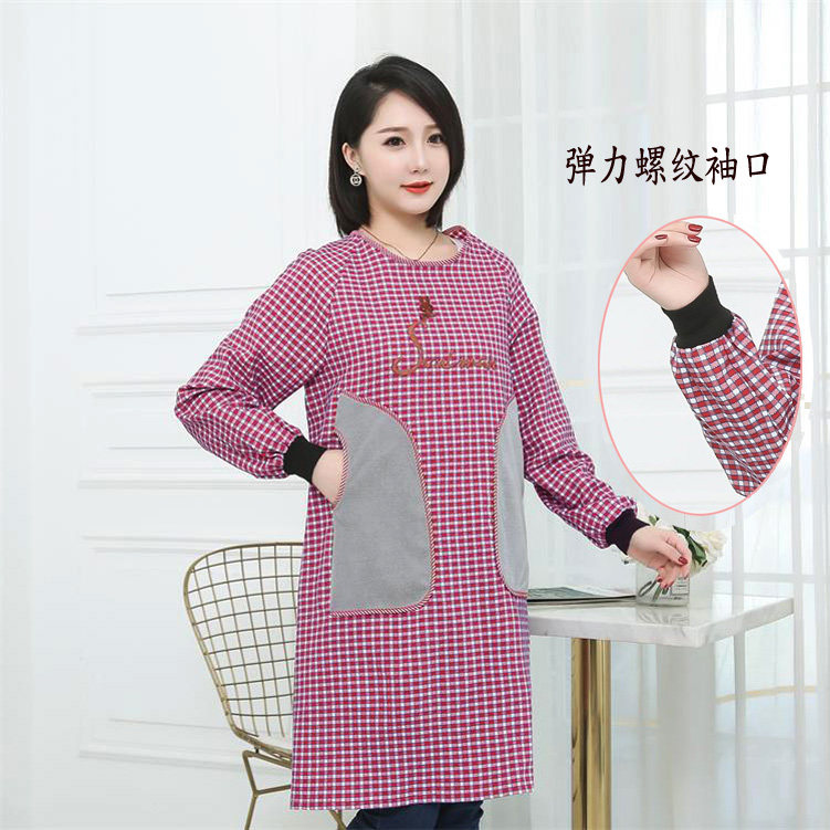可擦手纯棉长袖围裙时尚成人罩衣家用厨房防油污女工作服韩版002详情8