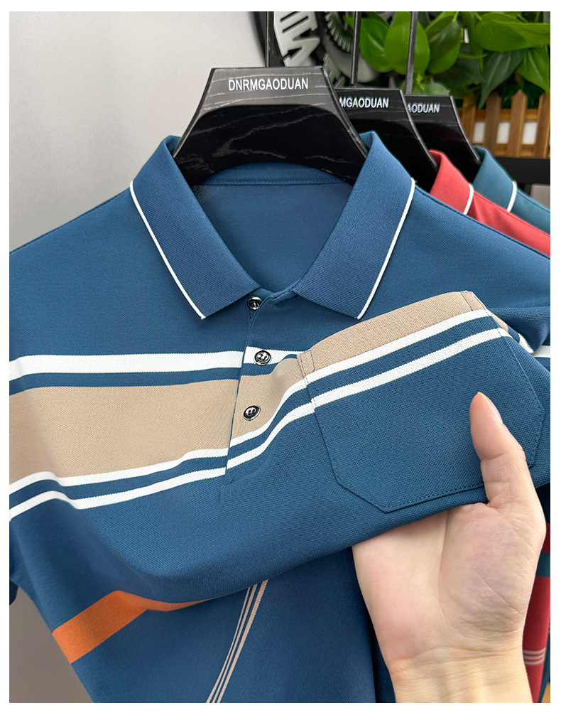 夏季男式短袖翻领POLO衫商务休闲男装上衣拼色条纹T恤衫男爸爸装详情17