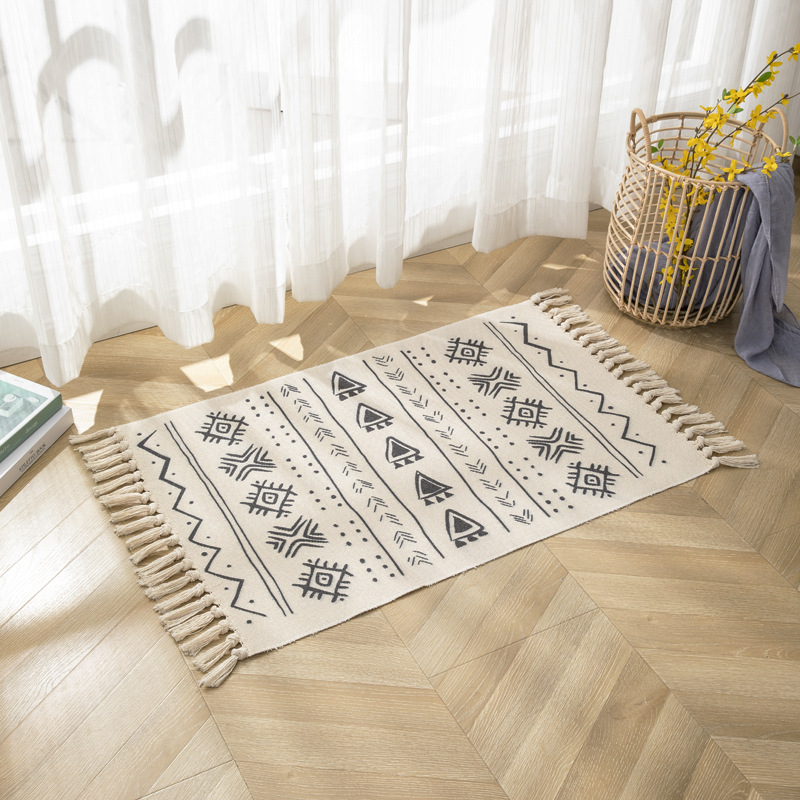 Nordic coffee table, cotton thread woven tassel floor mat, simple bedroom carpet, bedside blanket, living room bay window mat, office pic 23