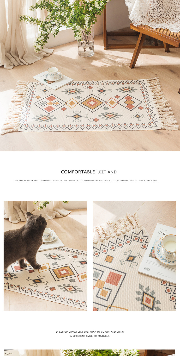 Cotton and linen household bedroom floor MATS, bedside floor MATS, living room sofa and coffee table, hand-fringed carpet, machine washable pic 13