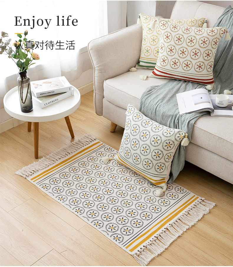 Cotton and linen household bedroom floor MATS, bedside floor MATS, living room sofa and coffee table, hand-fringed carpet, machine washable pic 20