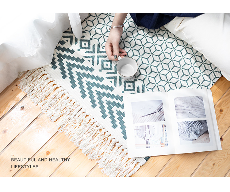 Nordic coffee table, cotton thread woven tassel floor mat, simple bedroom carpet, bedside blanket, living room bay window mat, office pic 15