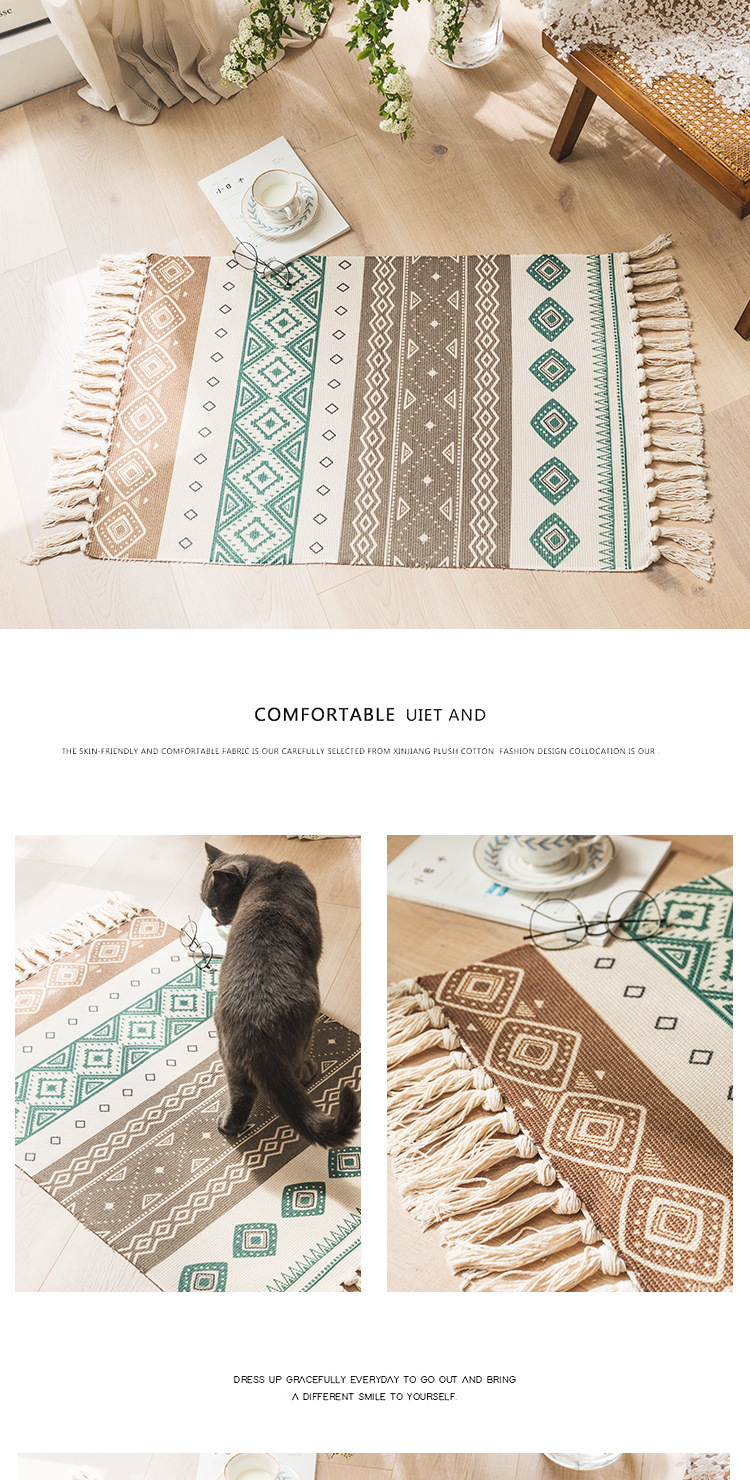 Cotton and linen household bedroom floor MATS, bedside floor MATS, living room sofa and coffee table, hand-fringed carpet, machine washable pic 17
