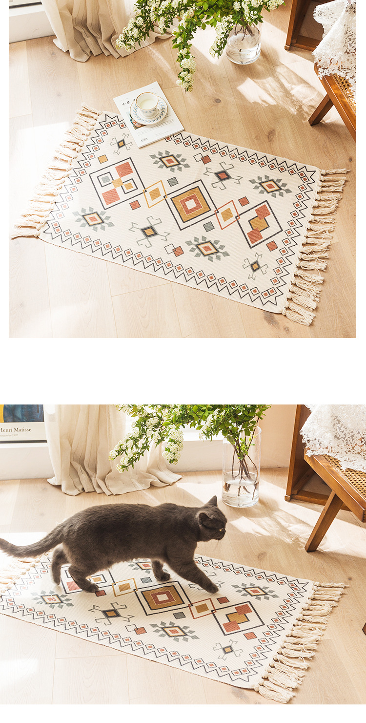 Cotton and linen household bedroom floor MATS, bedside floor MATS, living room sofa and coffee table, hand-fringed carpet, machine washable pic 14