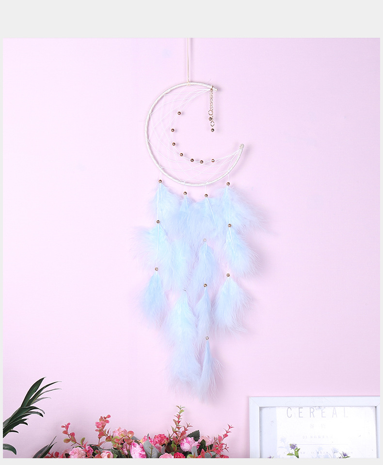 The girl's heart is attached to the room decoration of the dream catcher. Light blue crescent-shaped dream catcher pendant, wall hanging, wall decoration and home decoration pic 10