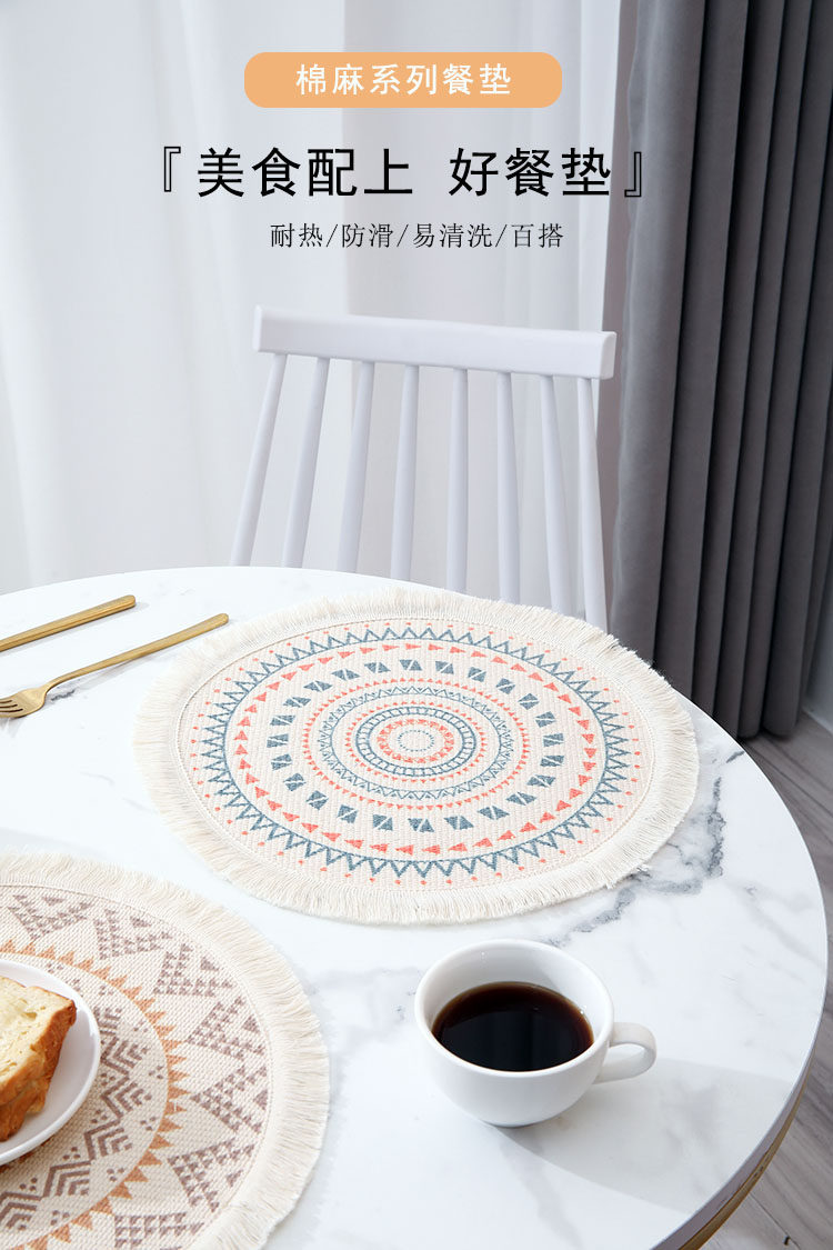 外贸跨境圆形棉麻餐垫北欧简约餐桌隔热垫西餐桌垫防烫菜盘碗垫详情1