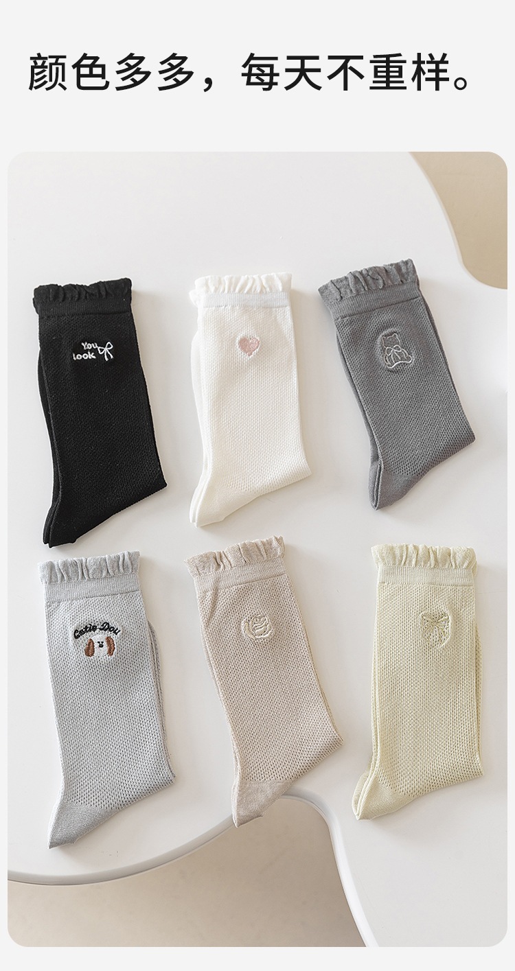 Summer thin mid-calf socks for women with mesh hollowed-out cute cartoon animal embroidery lace long calf cotton socks for women pic 12