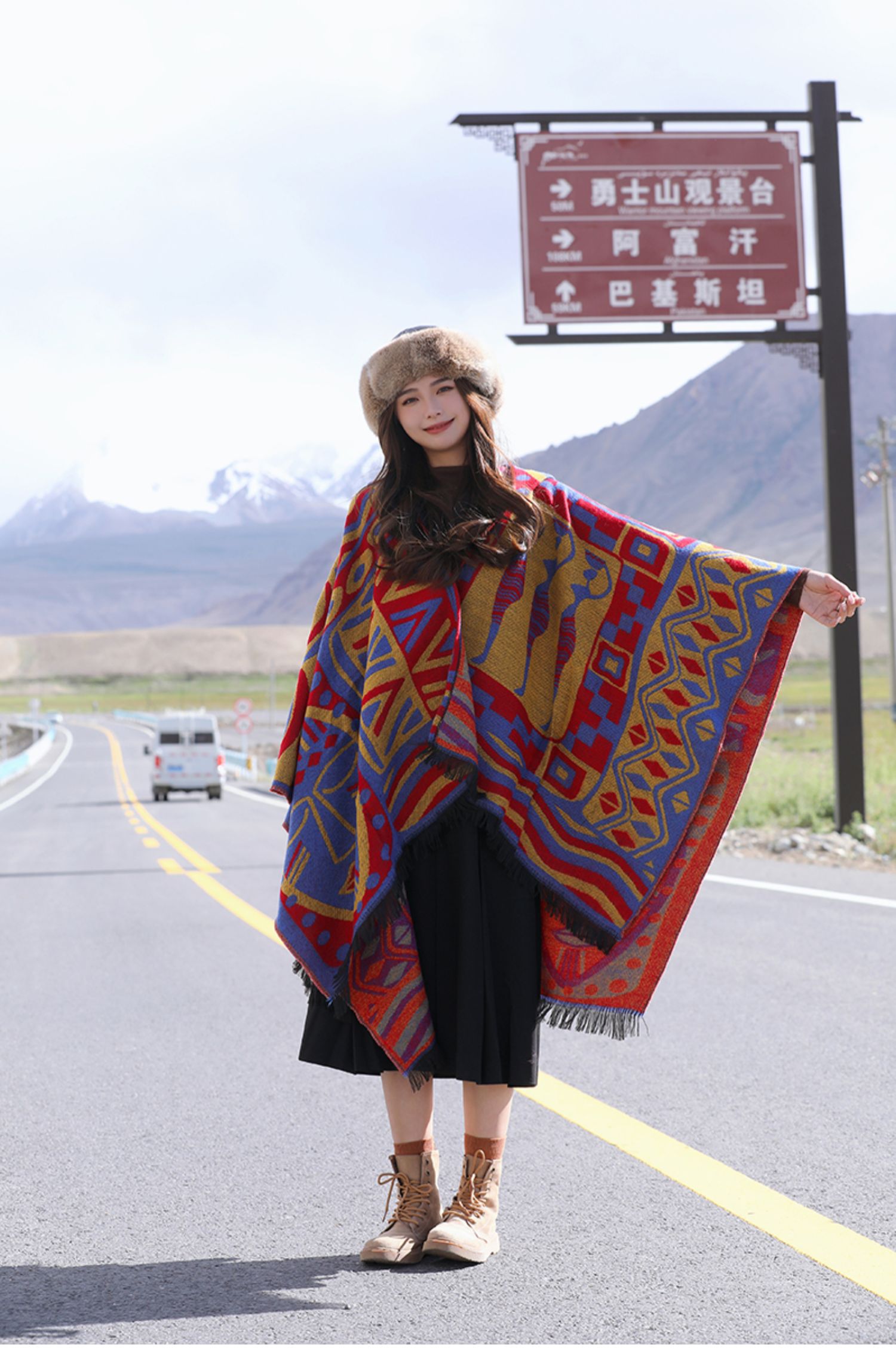 A new cross-border Bohemian ethnic style cape with a hat and slit cape shawl pic 1