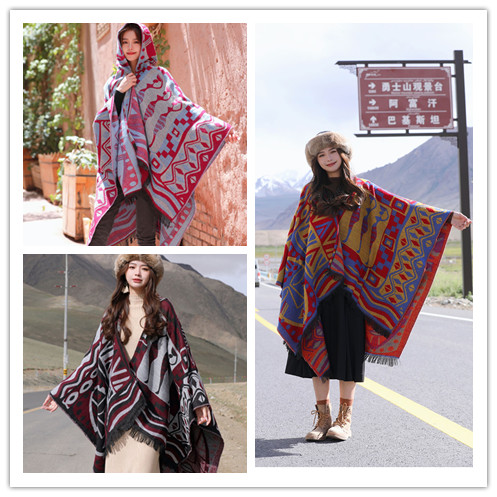 A new cross-border Bohemian ethnic style cape with a hat and slit cape shawl pic 5