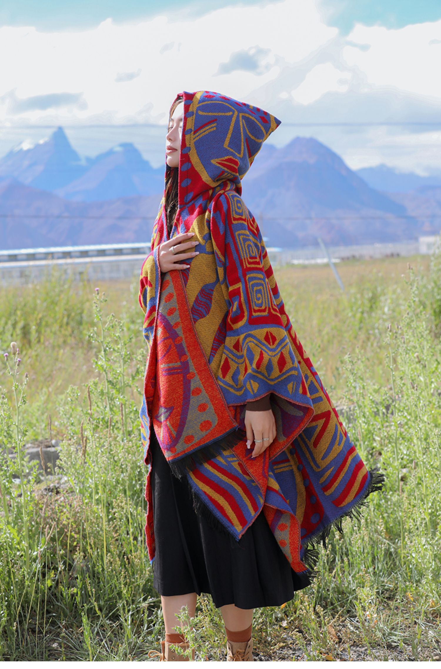 A new cross-border Bohemian ethnic style cape with a hat and slit cape shawl pic 3