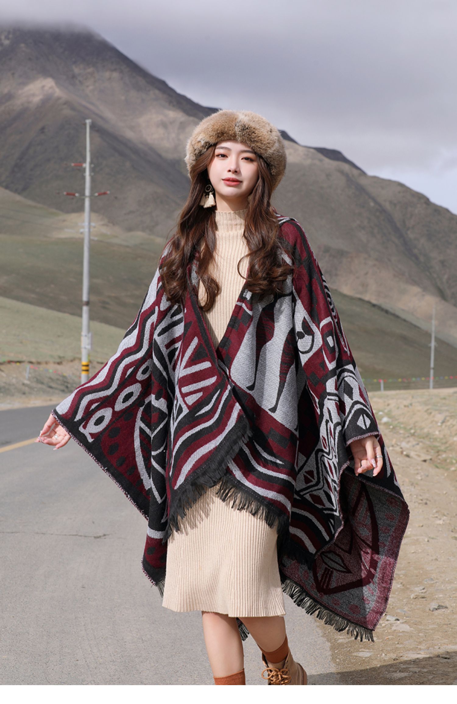 A new cross-border Bohemian ethnic style cape with a hat and slit cape shawl pic 9