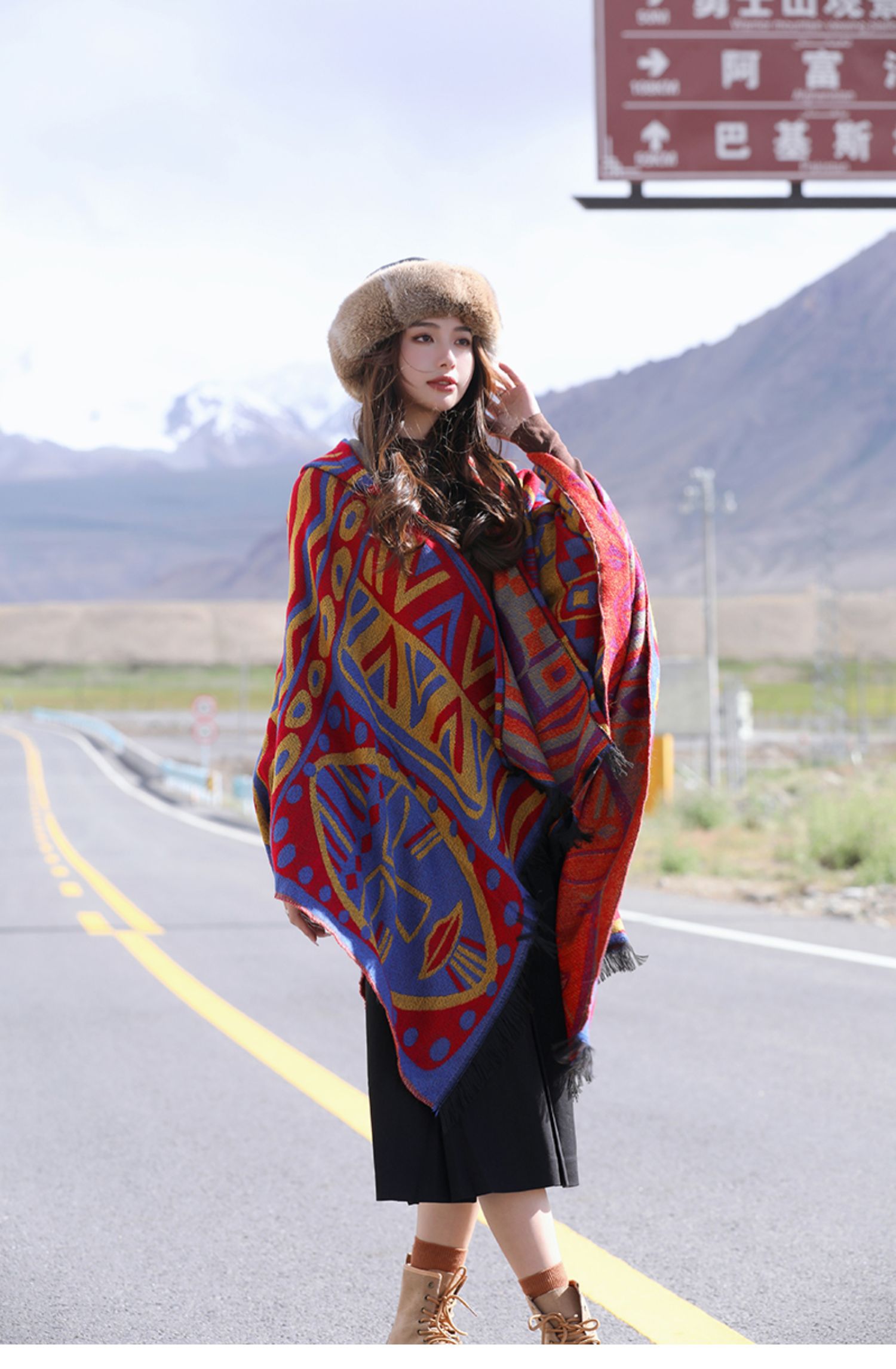 A new cross-border Bohemian ethnic style cape with a hat and slit cape shawl pic 4
