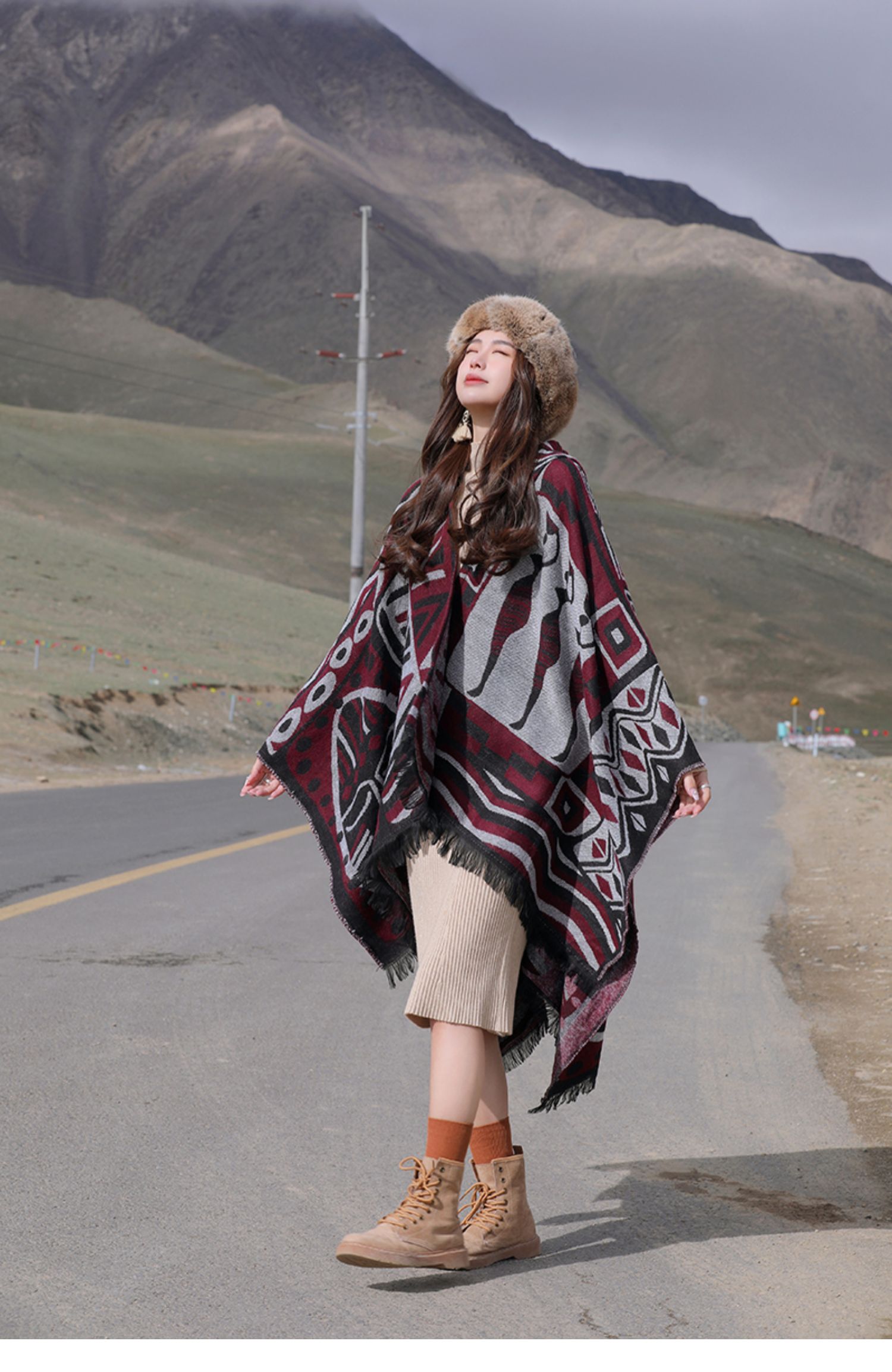 A new cross-border Bohemian ethnic style cape with a hat and slit cape shawl pic 8