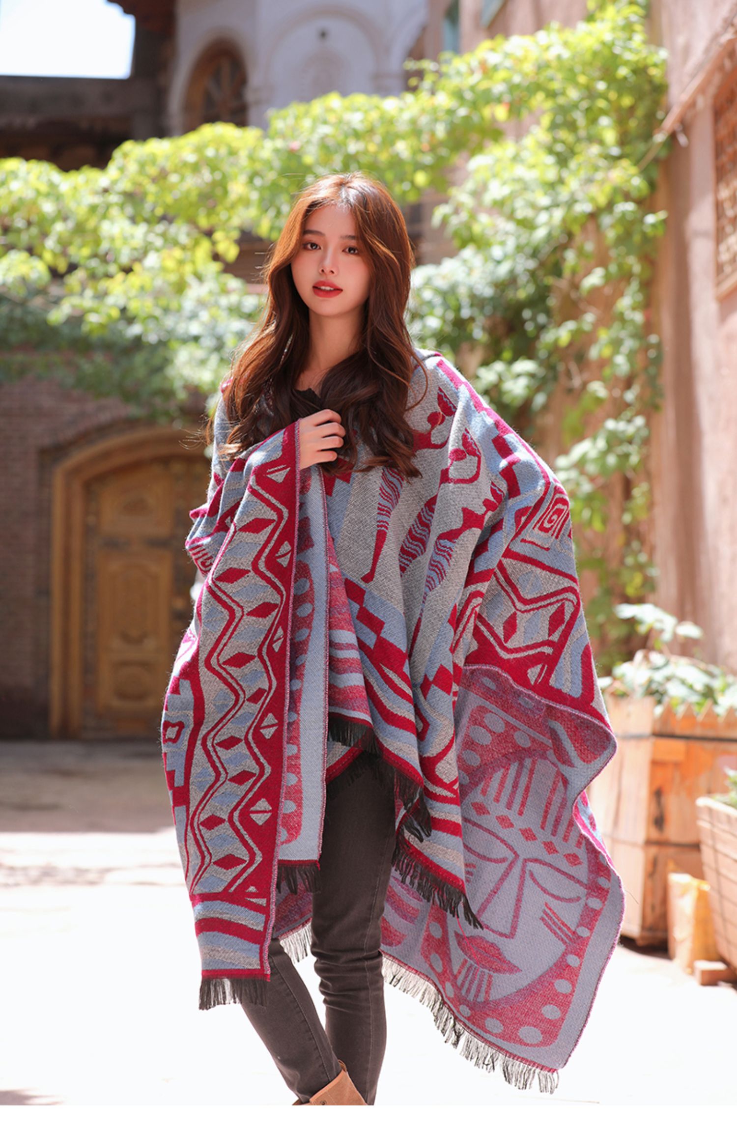 A new cross-border Bohemian ethnic style cape with a hat and slit cape shawl pic 6