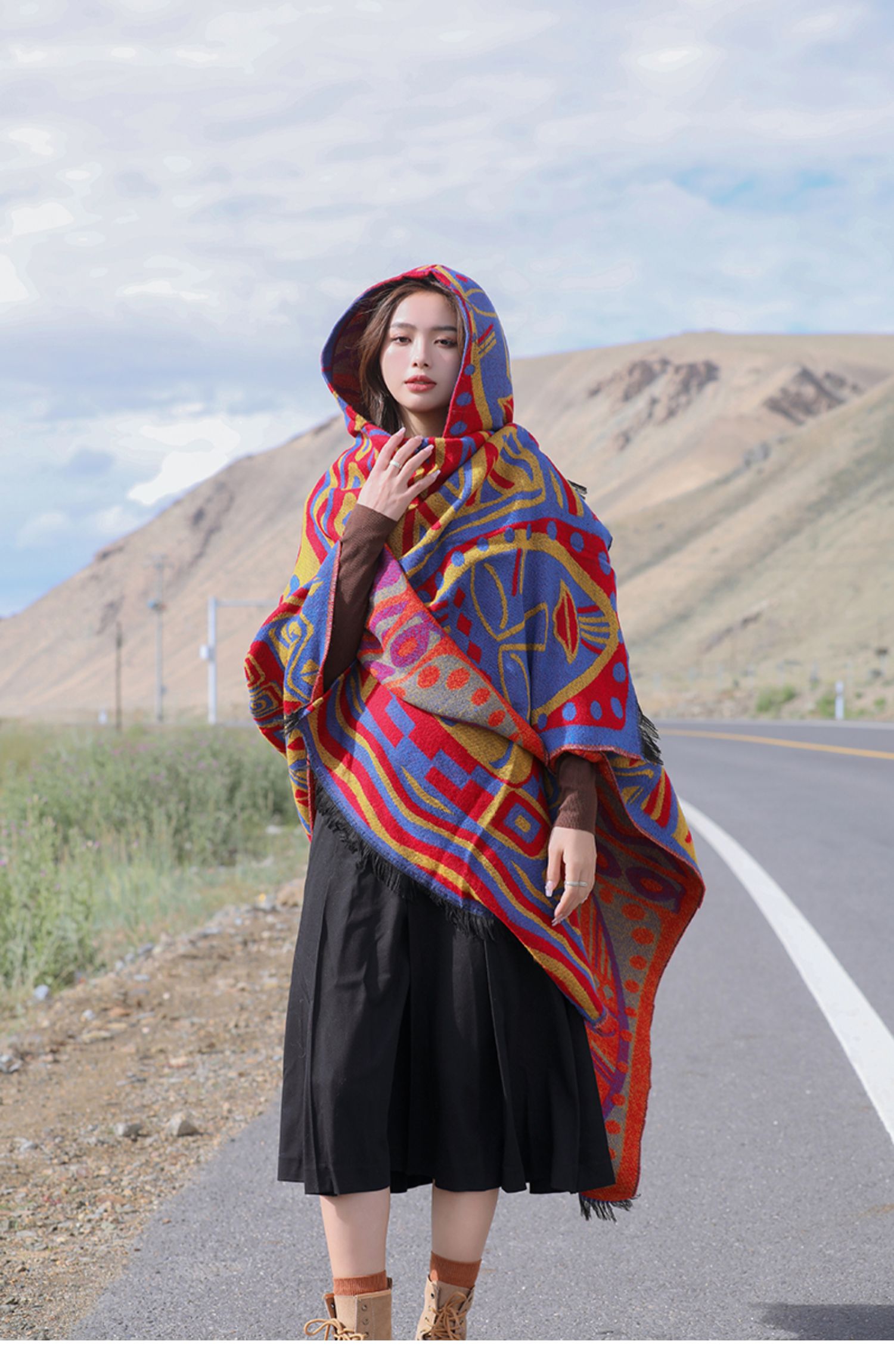 A new cross-border Bohemian ethnic style cape with a hat and slit cape shawl pic 2