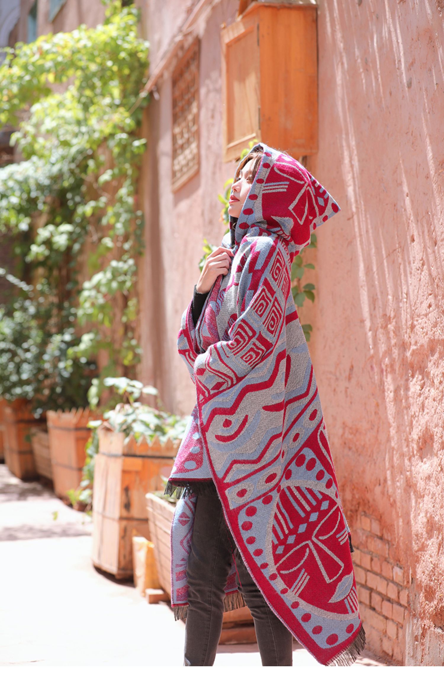 A new cross-border Bohemian ethnic style cape with a hat and slit cape shawl pic 7
