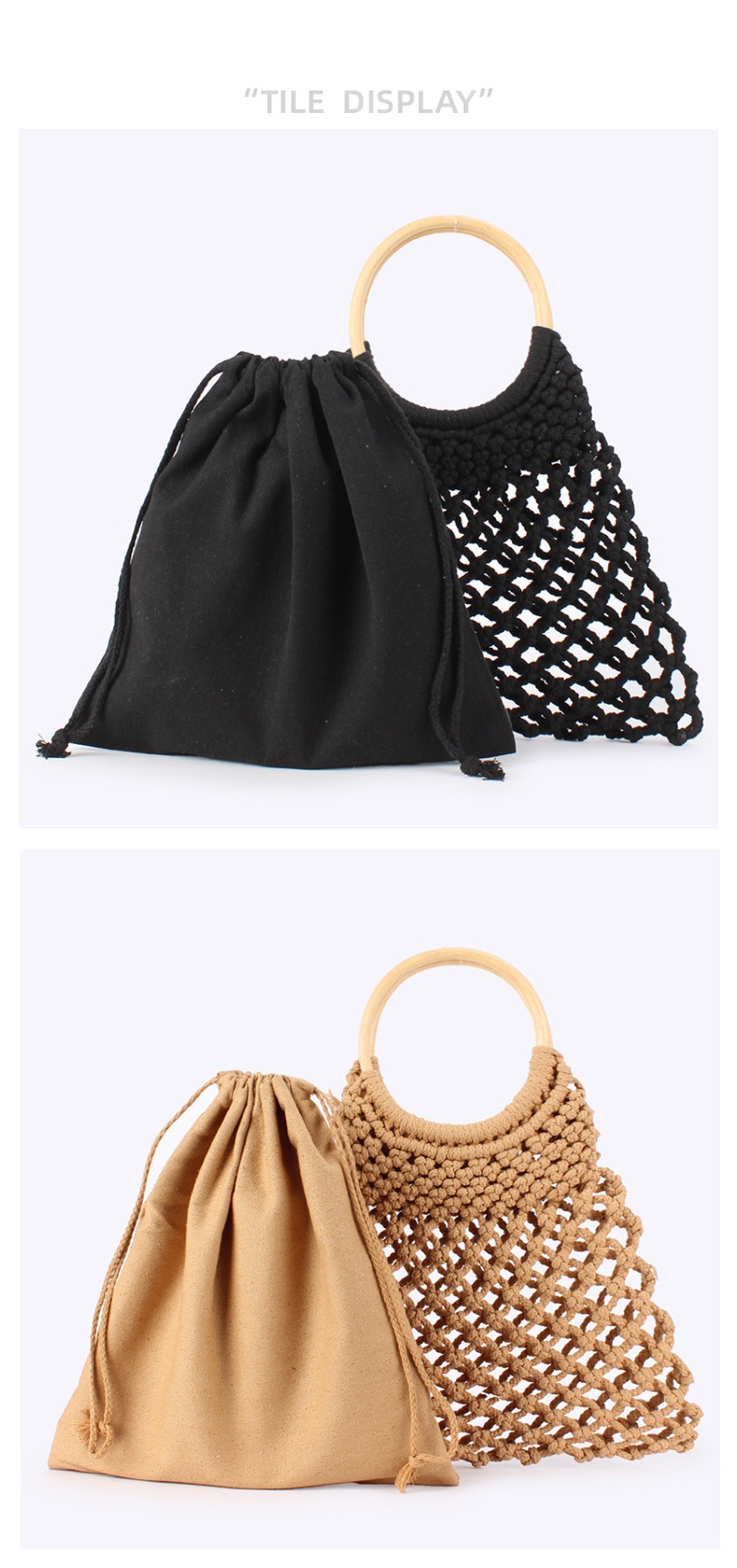 森系百搭时尚手工棉绳编织包沙滩度假旅游网兜手拎包纯色镂空女包箱规：57*45*58 60个           pic 7