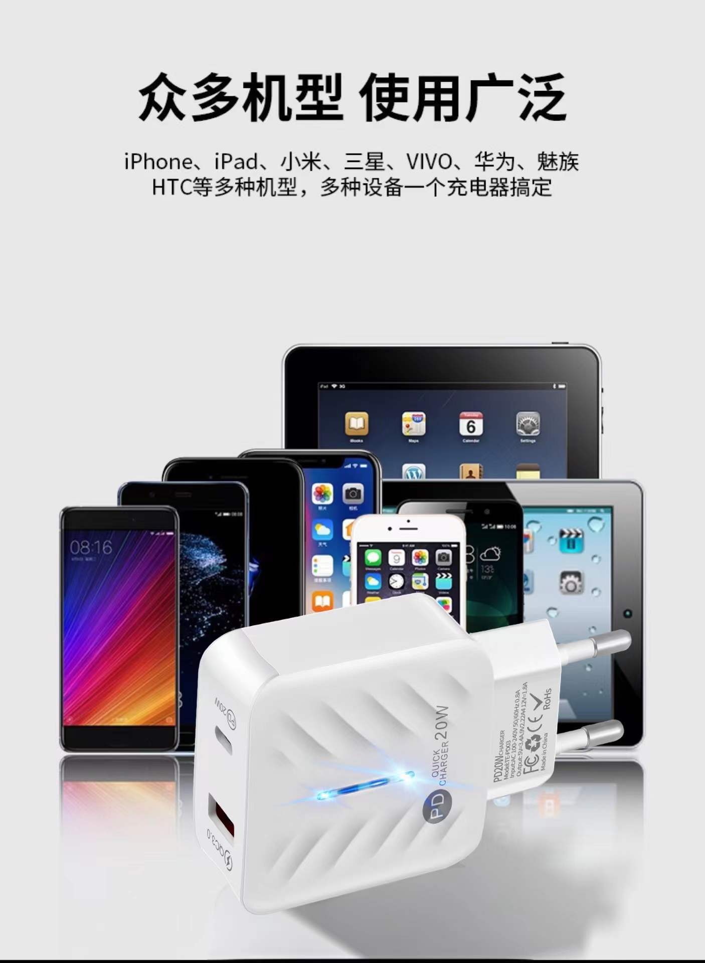 Скорозарядная зарядная головка A+C20W быстро заряжаемая зарядка QC3.0 pic 2