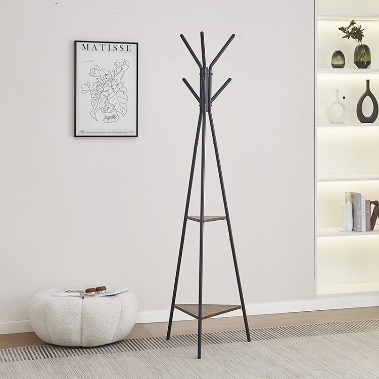 Simple coat rack for bedroom and living room, multi-purpose ironwork shoe and bag drying rack, steel pipe clothes hanger, floor-standing triangular coat rack Item Picture