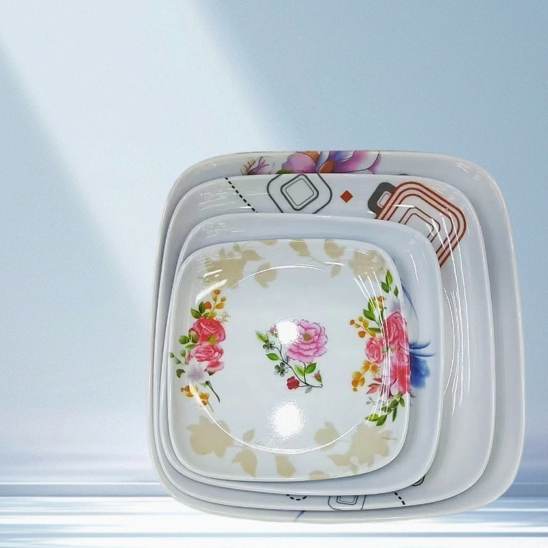 Cross-border A5 food-grade melamine plate, porcelain imitation square plate, commercial and household auspicious pattern square plate factory direct sales details Picture