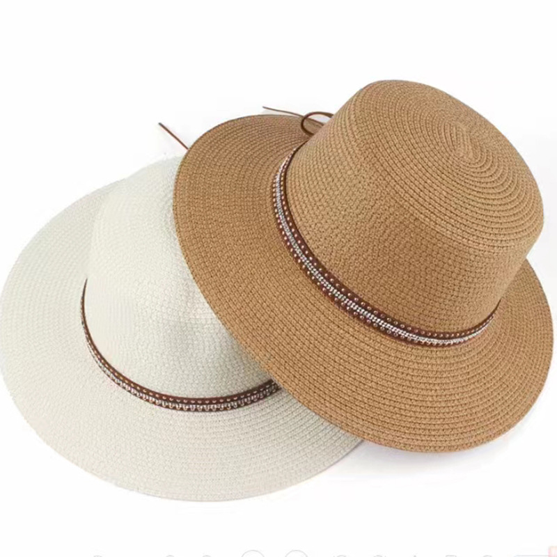 Wholesale of cross-border jazz hats with square buttoned domes, Panama Lafite flat-topped straw hats, and travel sunshade wide-brimmed top hats details Picture